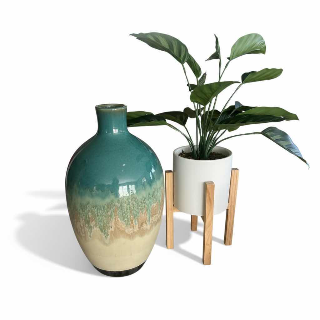 Photo 1 of 2 PC HOME DECOR- GLAZED POTTERY VASE H13”, FAUX PLANT