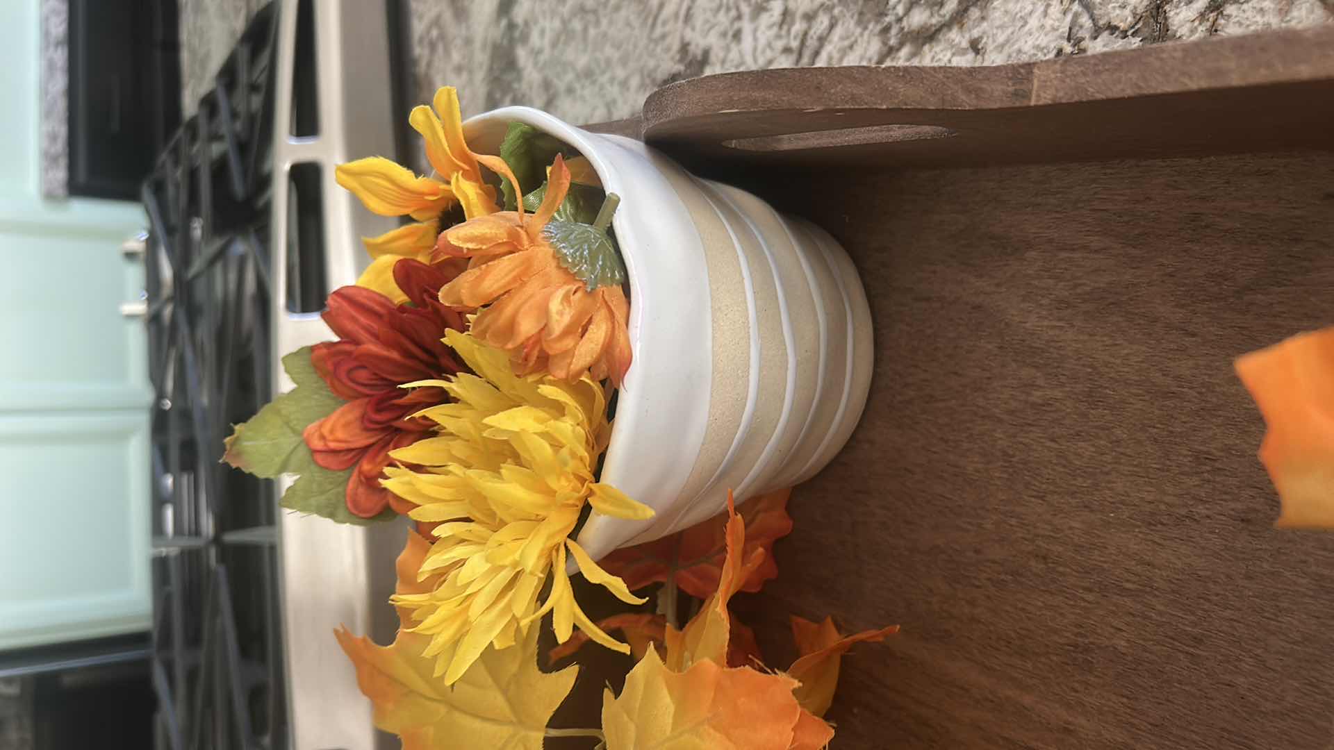 Photo 1 of FALL DECOR- WOOD TRAY 17“ x 11 1/4“CERAMIC PUMPKIN, PLASTIC PUMPKIN, CERAMIC VASE AND FAUX FLORAL