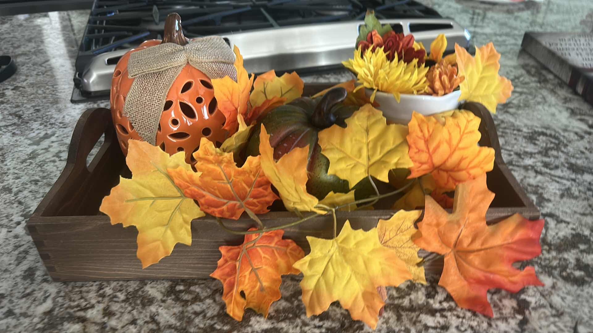 Photo 1 of FALL DECOR- WOOD TRAY 17“ x 11 1/4“CERAMIC PUMPKIN, PLASTIC PUMPKIN, CERAMIC VASE AND FAUX FLORAL