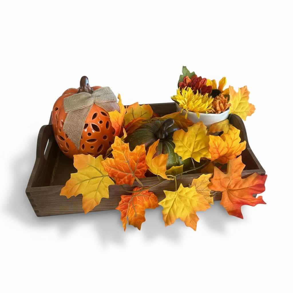 Photo 1 of FALL DECOR- WOOD TRAY 17“ x 11 1/4“CERAMIC PUMPKIN, PLASTIC PUMPKIN, CERAMIC VASE AND FAUX FLORAL