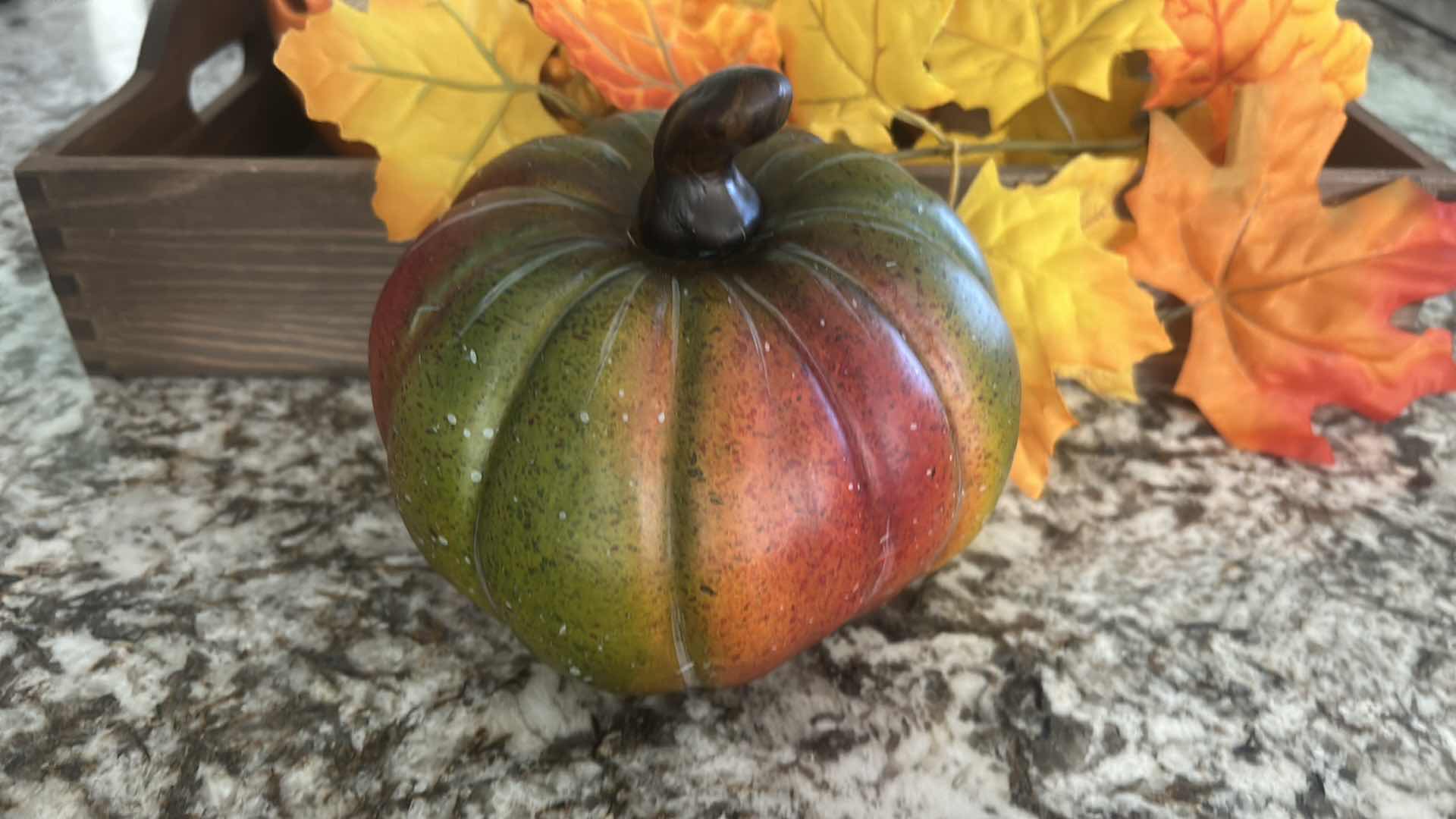 Photo 1 of FALL DECOR- WOOD TRAY 17“ x 11 1/4“CERAMIC PUMPKIN, PLASTIC PUMPKIN, CERAMIC VASE AND FAUX FLORAL