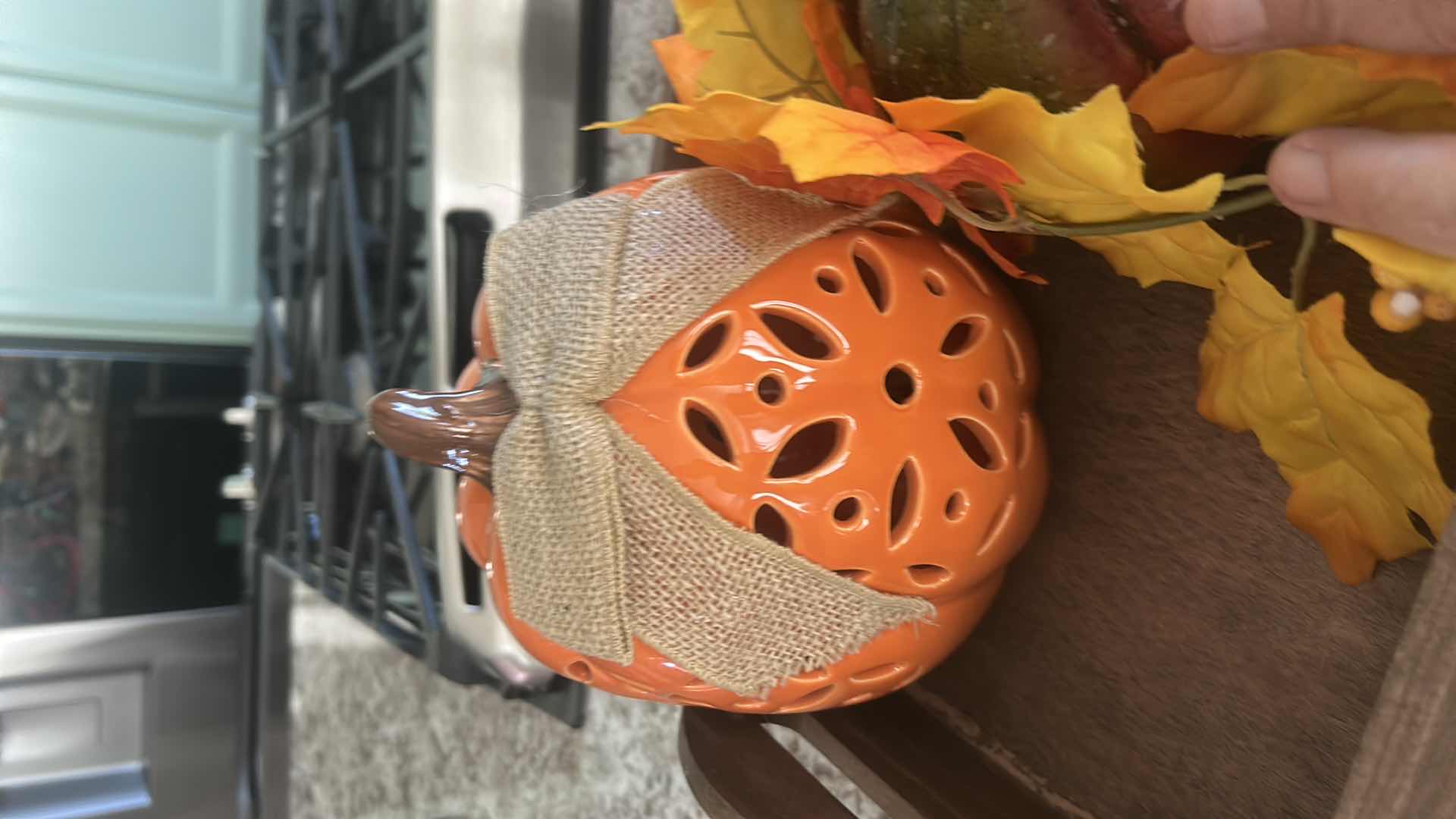 Photo 1 of FALL DECOR- WOOD TRAY 17“ x 11 1/4“CERAMIC PUMPKIN, PLASTIC PUMPKIN, CERAMIC VASE AND FAUX FLORAL