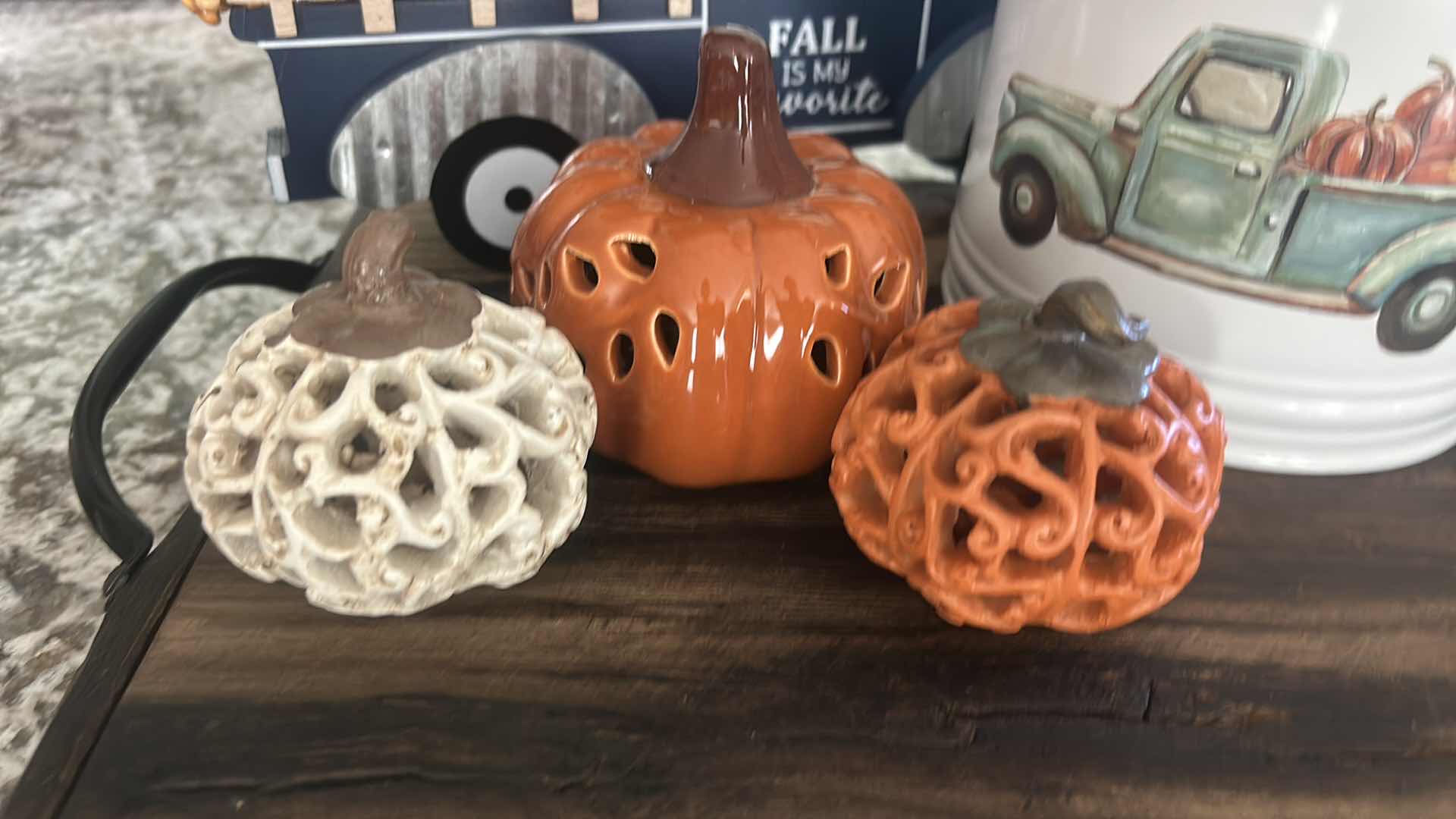 Photo 1 of FALL DECOR - WOOD TRAY  15 1/2 x 10 1/2, CERAMIC PUMPKINS AND MORE 15 1/2 x 10 1/2