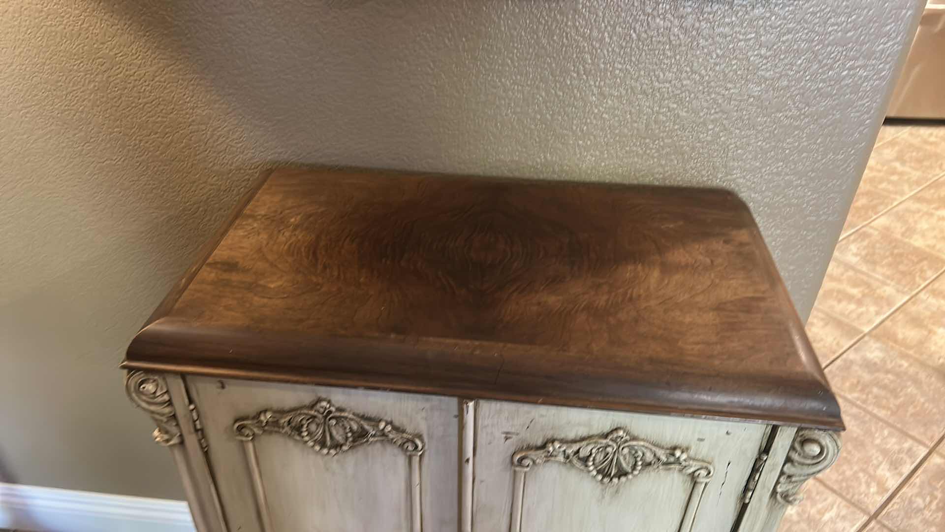 Photo 1 of ANTIQUE SPARTON AC RECEIVER CABINET - EUROPEAN-STYLE  WITH DISTRESSED LIGHT GREEN FINISH AND WOOD TOP  25 1/2“ x 13 1/2“ x H35“ SPARKS WITHINGTON CO