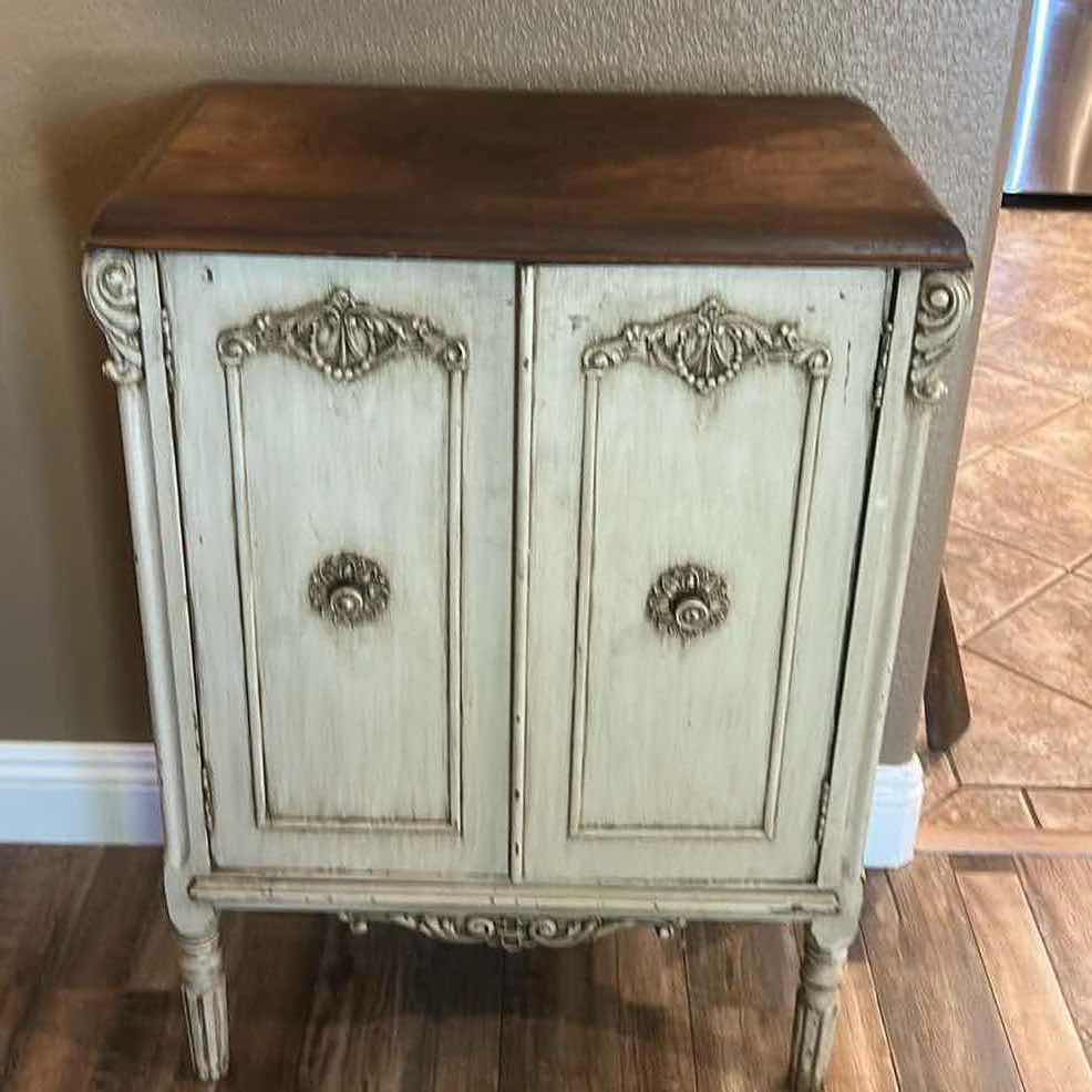 Photo 1 of ANTIQUE SPARTON AC RECEIVER CABINET - EUROPEAN-STYLE  WITH DISTRESSED LIGHT GREEN FINISH AND WOOD TOP  25 1/2“ x 13 1/2“ x H35“ SPARKS WITHINGTON CO