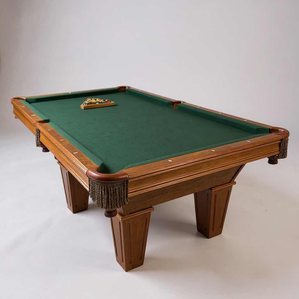Photo 1 of AUTHENTIC BRUNSWICK POOL TABLE W GREEN FELT & FRINGED LEATHER POCKETS COVER INCLUDED 95" X 53" H 32"