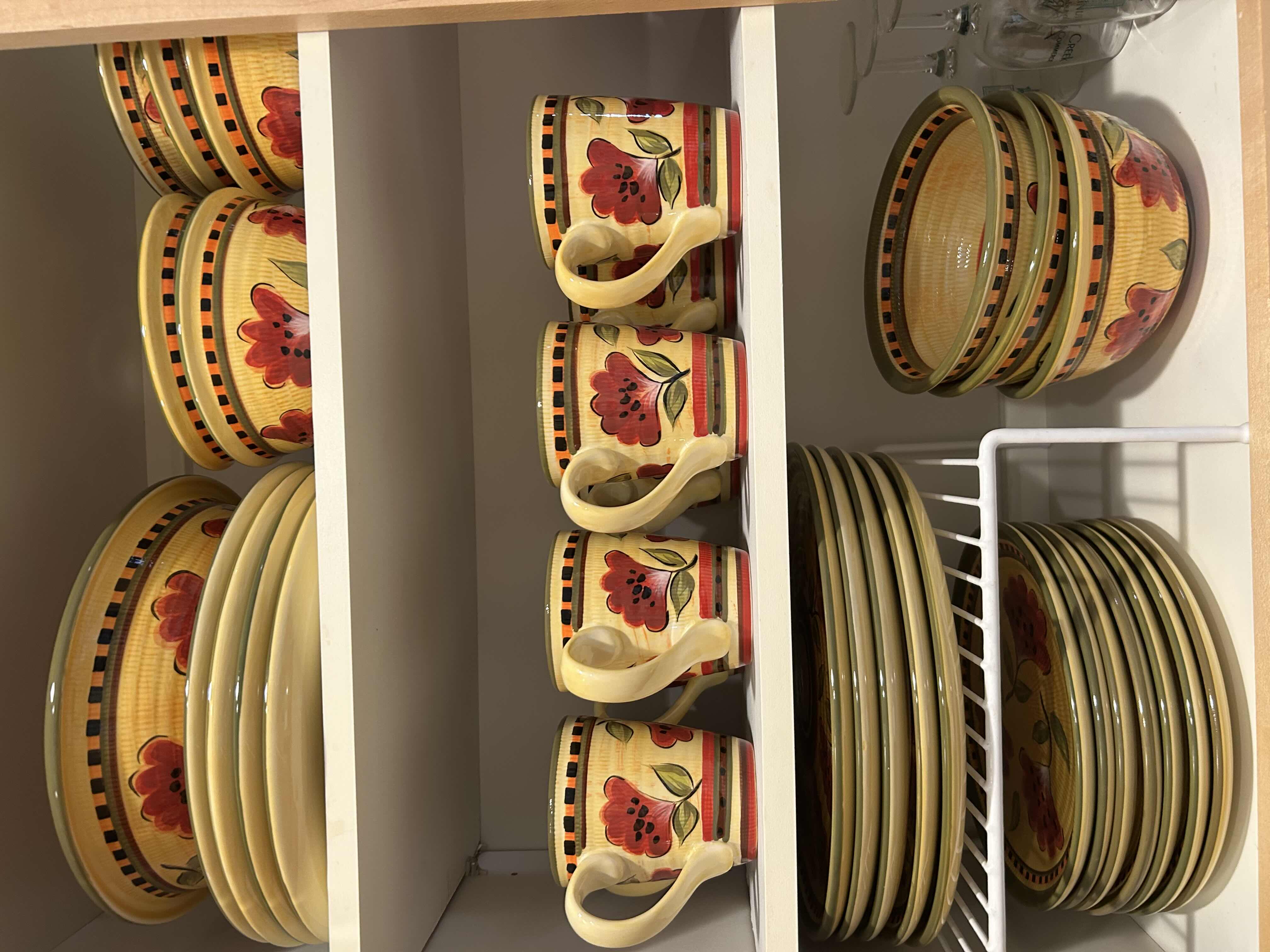 Photo 1 of CONTENTS OF 3 SHELVES -RARE DISCONTINUED MEXICAN POTTERY “LOLA” HAND PAINTED CERAMIC DINNER WARE