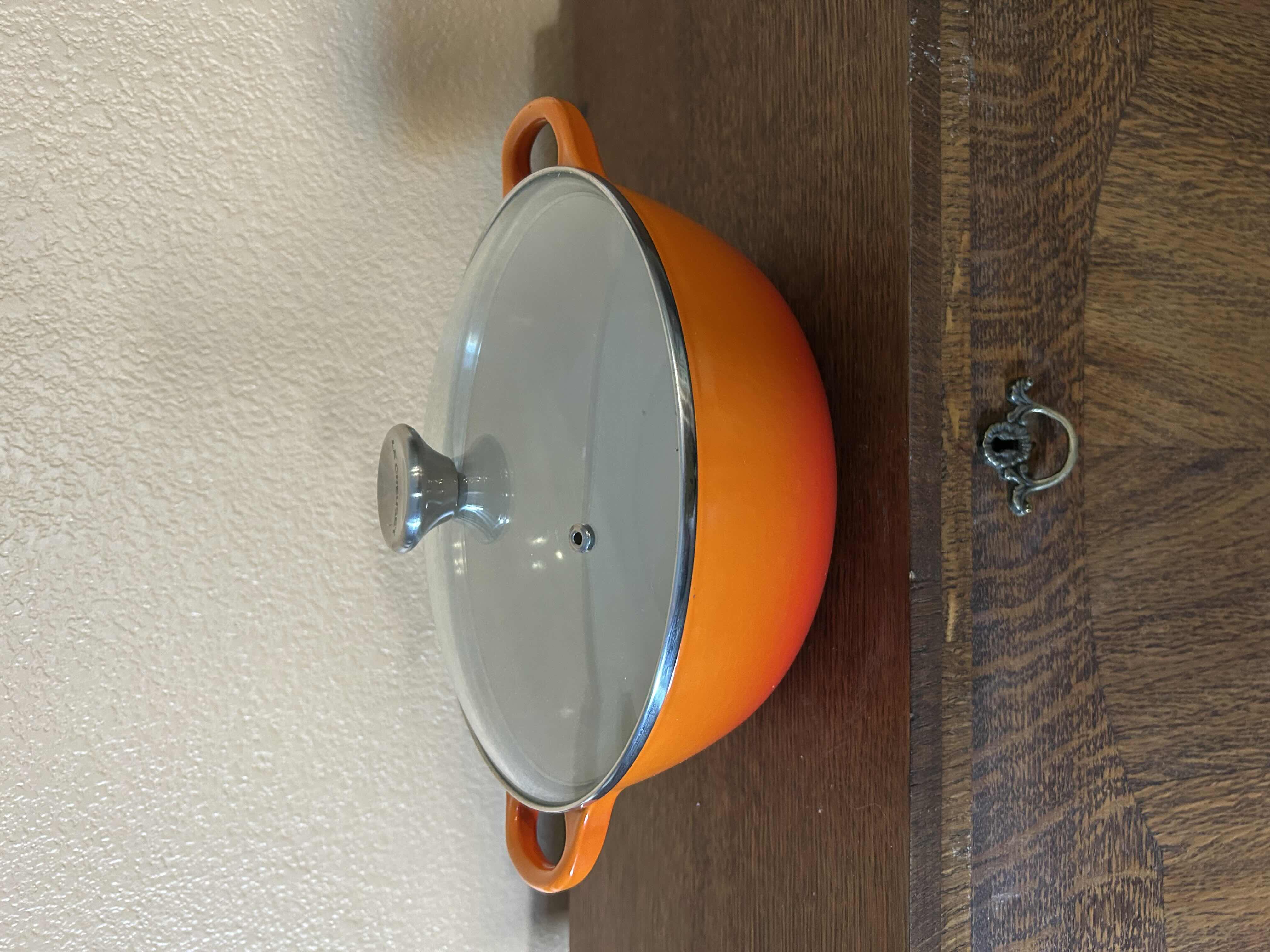 Photo 1 of LE CREUSET ORANGE ENAMELED CAST IRON CHEFS OVEN W CLEAR LID 3.5 QT