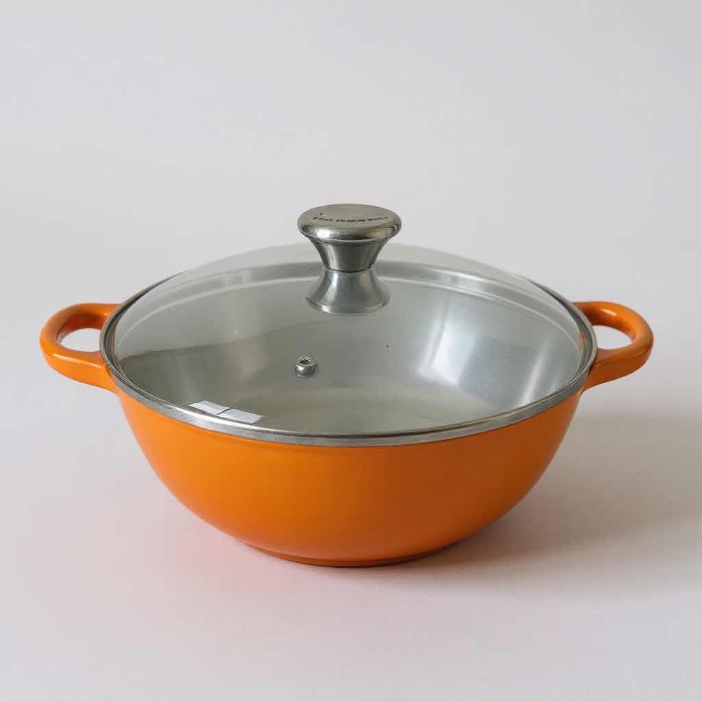 Photo 1 of LE CREUSET ORANGE ENAMELED CAST IRON CHEFS OVEN W CLEAR LID 3.5 QT