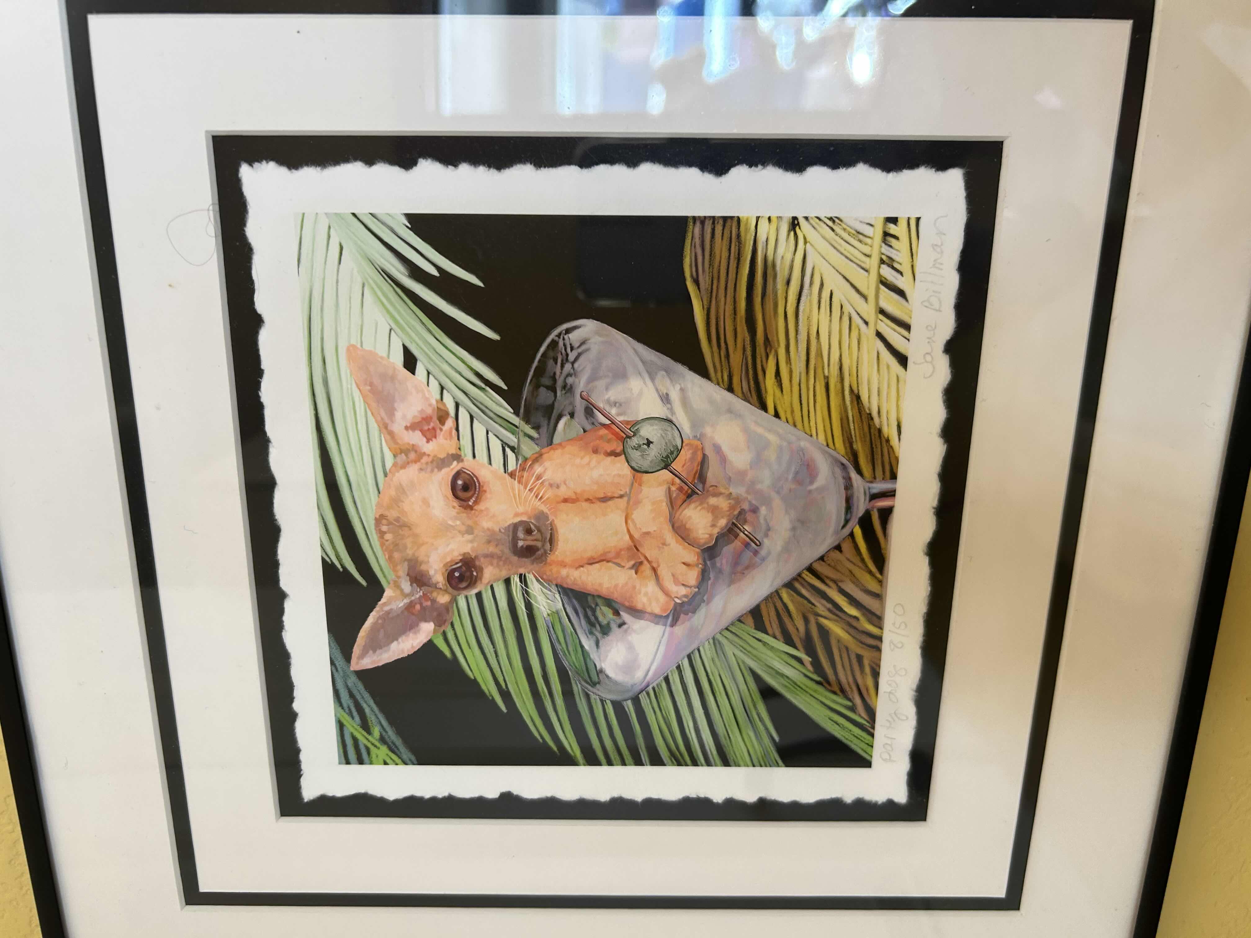 Photo 1 of BLACK FRAMED "CHIHUAHUA IN A MARTINI GLASS " DIGITAL WOOD ENGRAVING OIL PAINTING BY JANE BILLMAN 16" X 18"