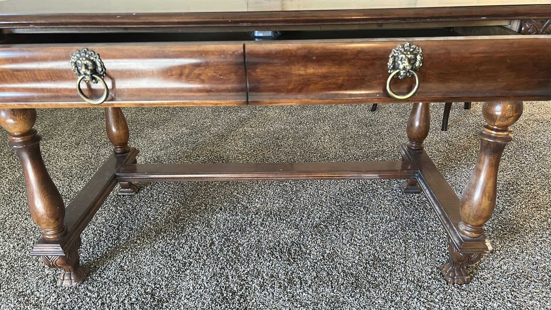 Photo 1 of LOUIS XIII STYLE WALNUT WRITING TABLE W LION HEAD RING PULLS 51" X 25" H 29"