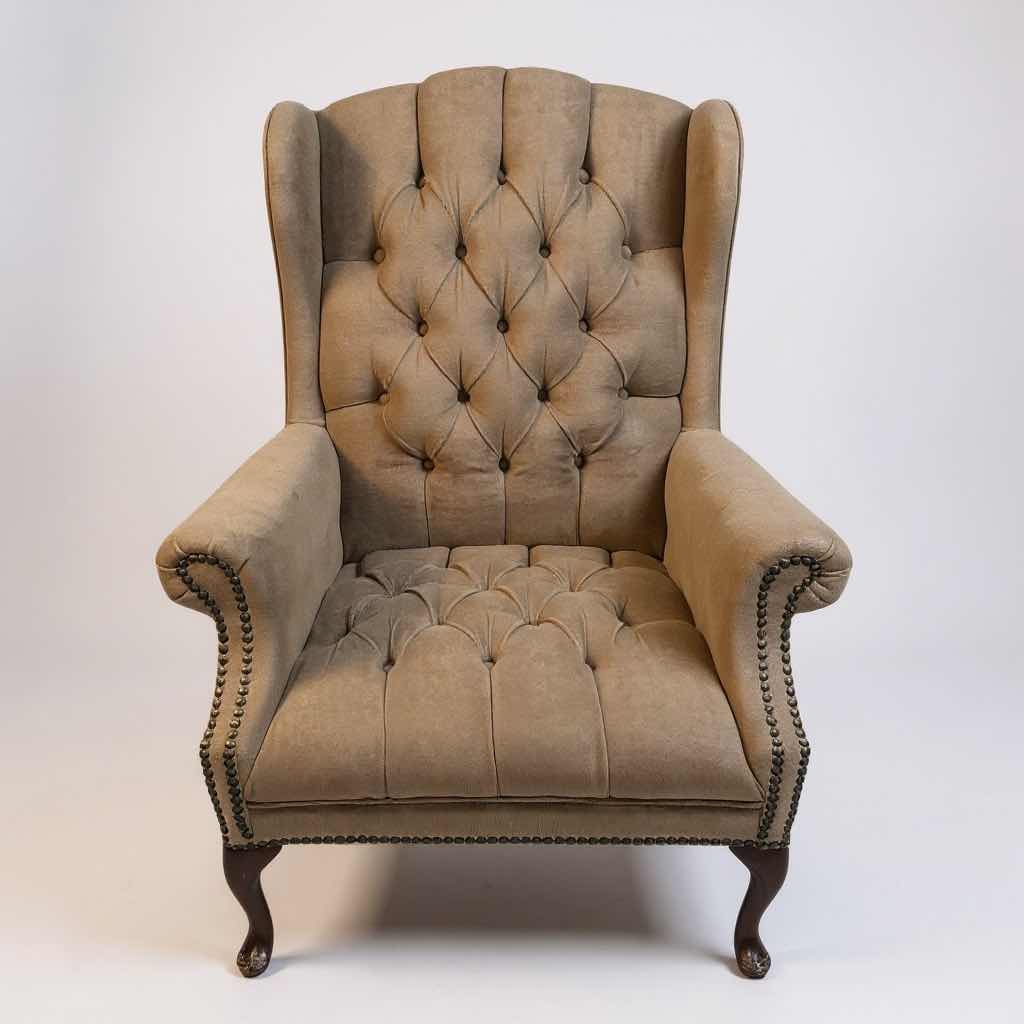 Photo 1 of CHESTERFIELD BEIGE UPHOLSTERED WINGBACK CHAIR W BUTTON TUFTING & NAILHEAD