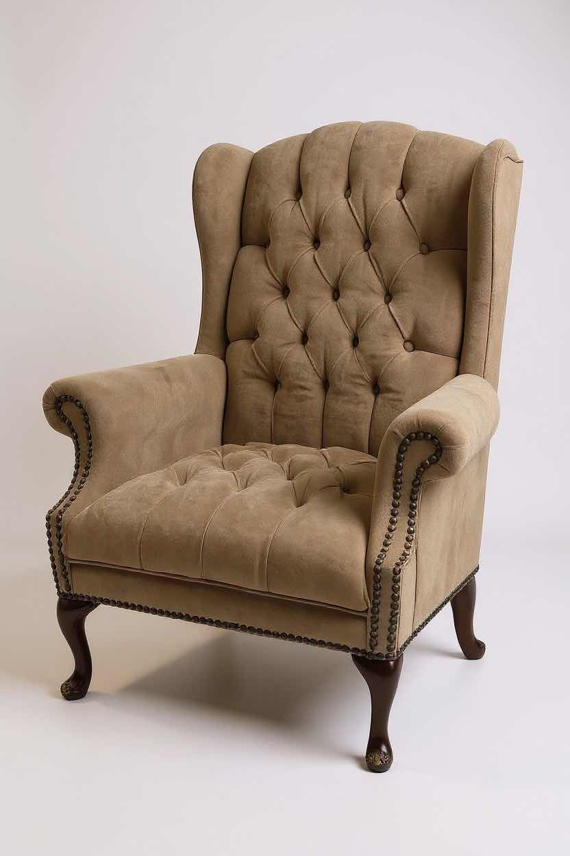 Photo 1 of CHESTERFIELD BEIGE UPHOLSTERED WINGBACK CHAIR W BUTTON TUFTING & NAILHEAD