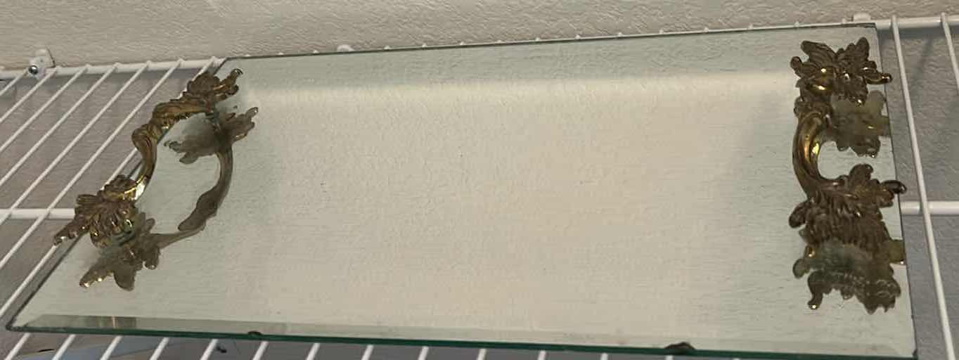 Photo 1 of BRASS " LADY BY THE LAKE" MIRROR STAND 9" X 13" & GLASS TRAY 16"