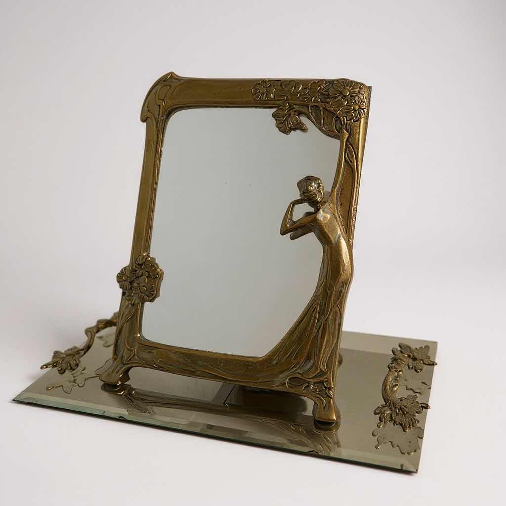 Photo 1 of BRASS " LADY BY THE LAKE" MIRROR STAND 9" X 13" & GLASS TRAY 16"