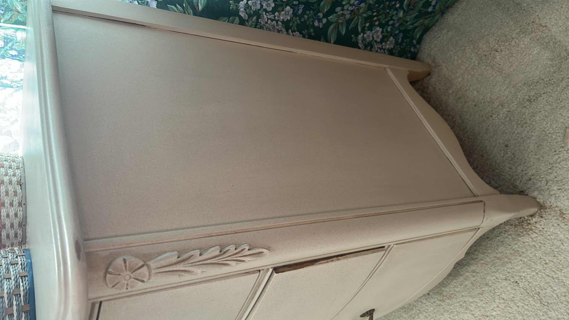 Photo 1 of FRENCH PROVINCIAL DRESSER W DISTRESSED CREAM PAINT & ORNATE BRONZE HARDWARE 53" X 19" H 33"