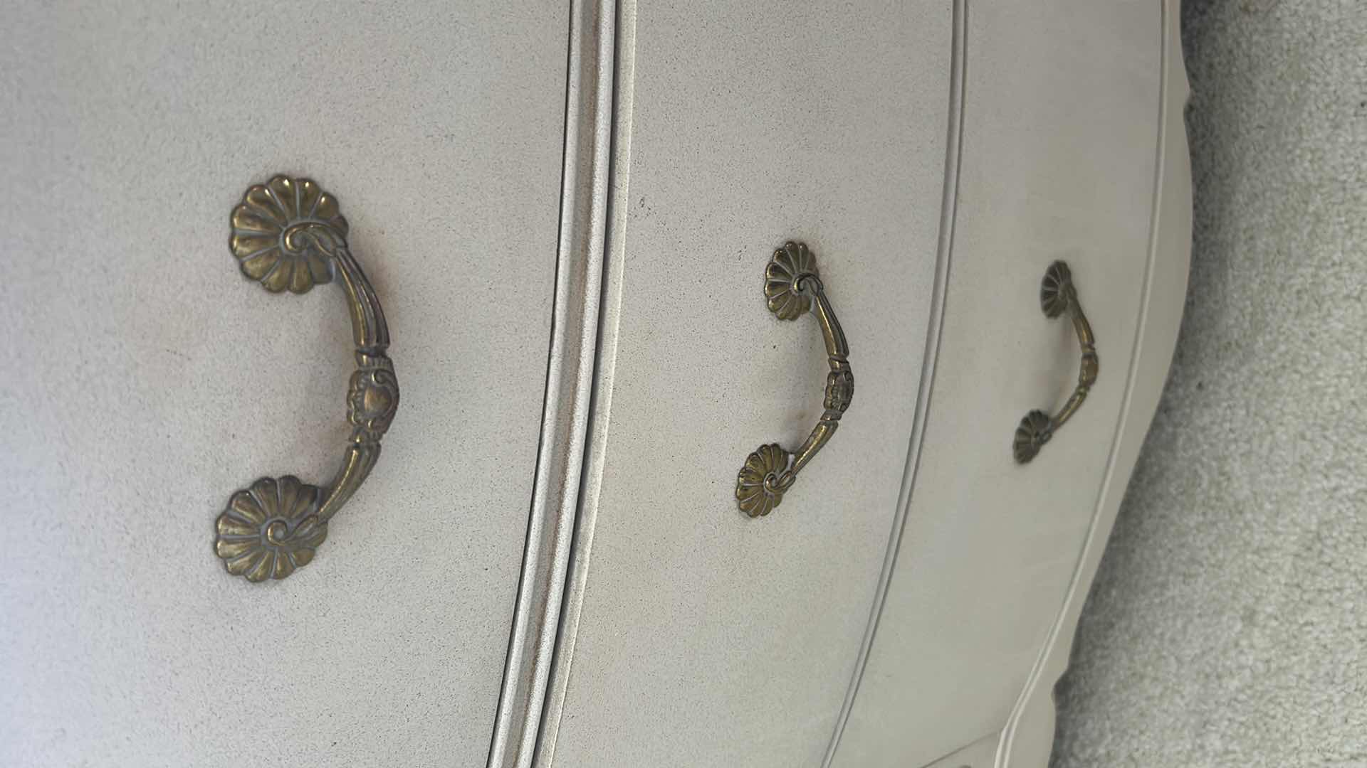 Photo 1 of FRENCH PROVINCIAL DRESSER W DISTRESSED CREAM PAINT & ORNATE BRONZE HARDWARE 53" X 19" H 33"
