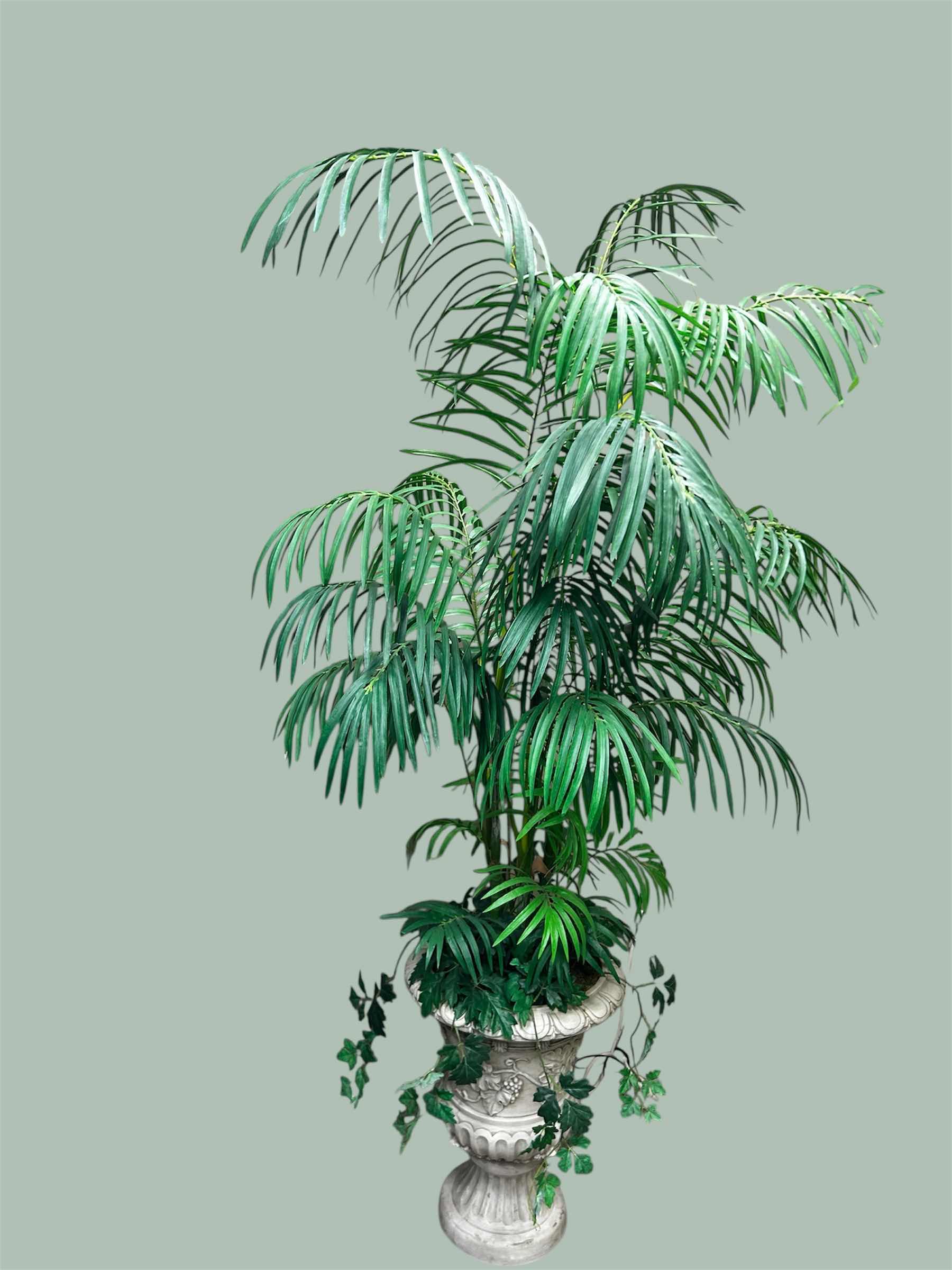 Photo 1 of ARTIFICIAL KENTIA PALM  IN A RESIN DECORATED URN H 75"