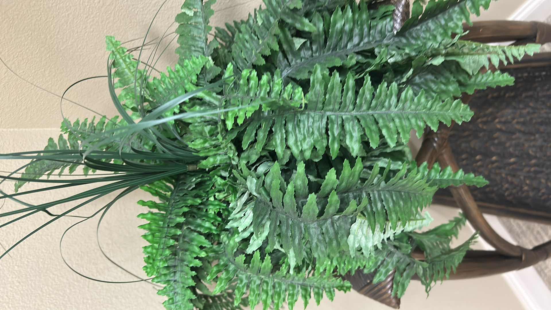 Photo 1 of ARTIFICIAL BOSTON FERN W RATTAN LOWER SHELF AND X SHAPED  BASE
H 51"