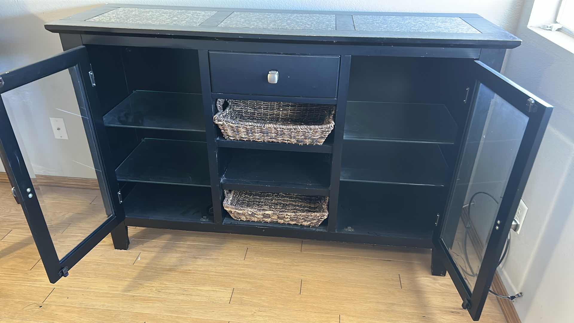 Photo 1 of BLACK FINISH CONSOLE W STONE TOP GLASS DOORS 58"X 17" H 36"