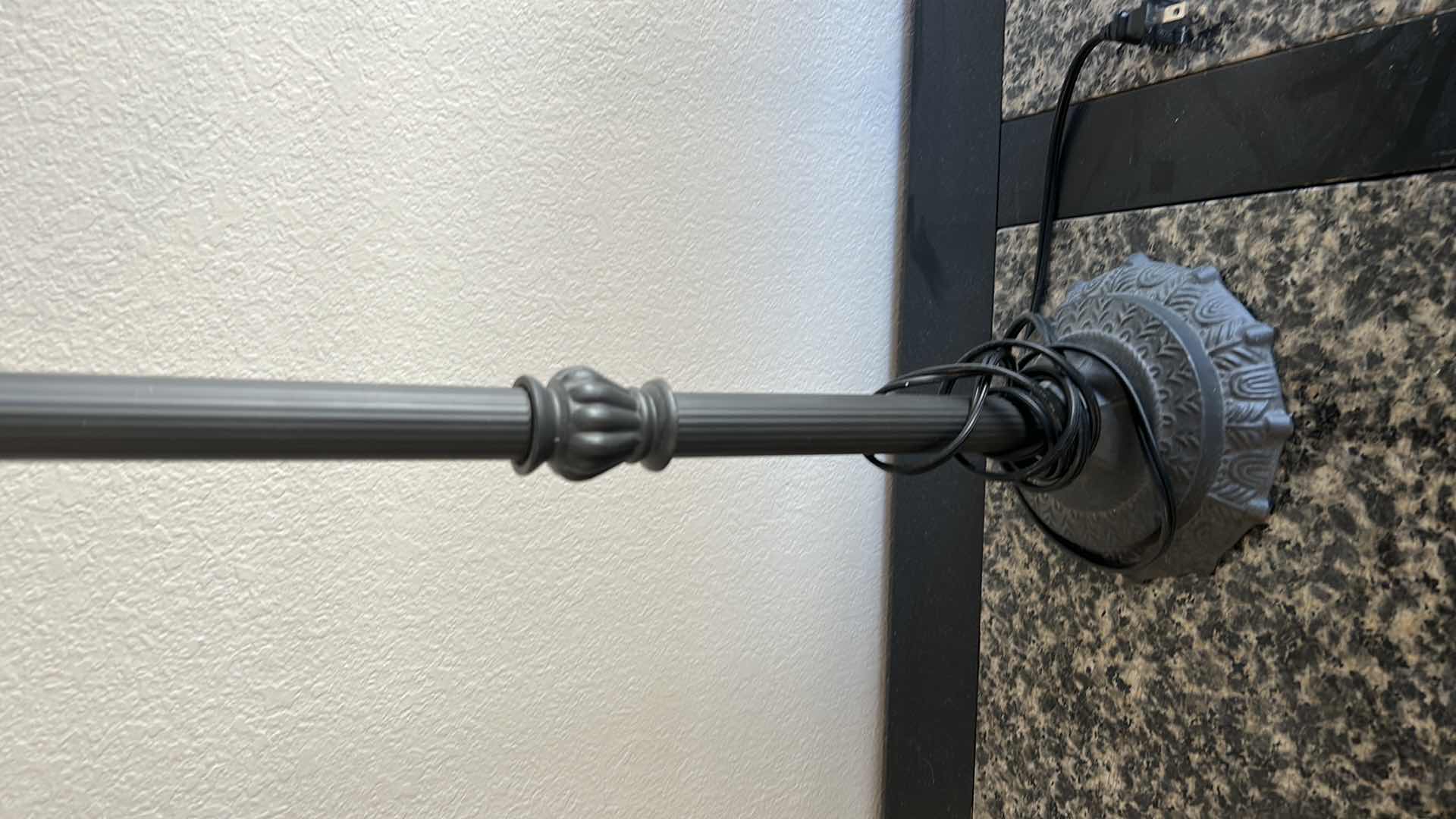 Photo 1 of BLACK METAL TABLE LAMP W TEO TONE BLACK BURLAP FABRIC DRUM SHADE H 30"