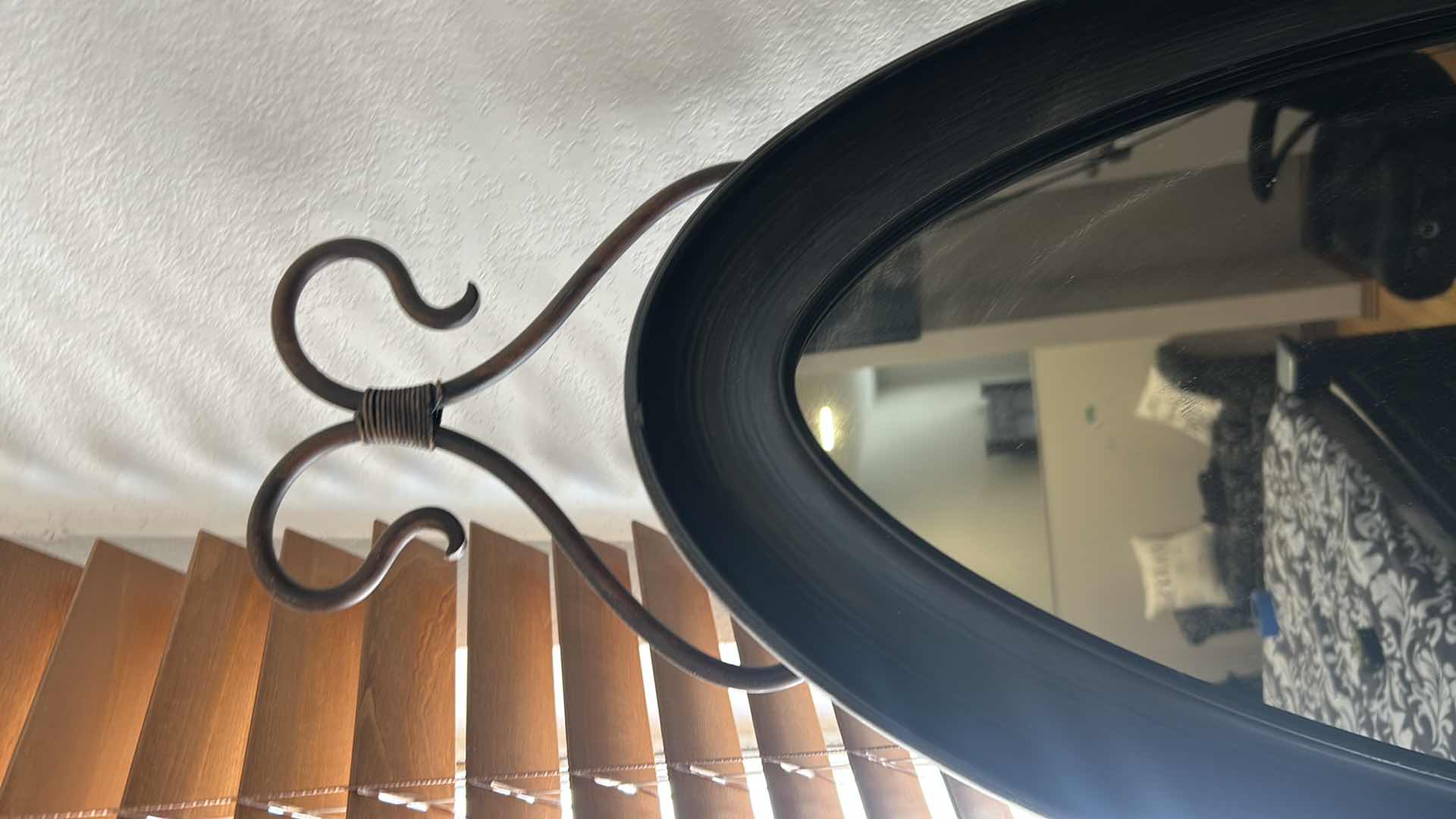 Photo 1 of BLACK OVAL SHAPED CHEVAL FLOOR MIRROR W SCROLL DESIGN STAND 55" X 20"