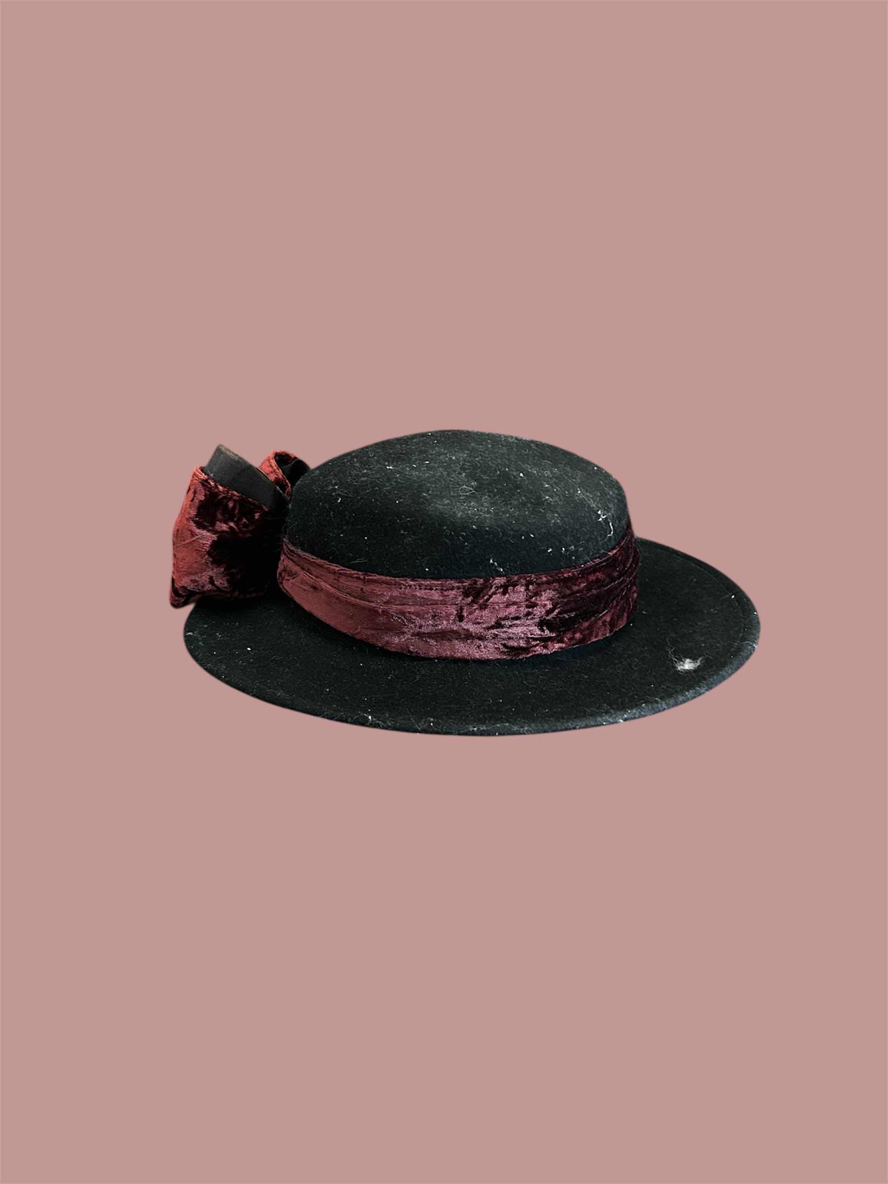 Photo 1 of BLACK FELT HAT W BURGUNDY VELVET RIBBON AND BOW