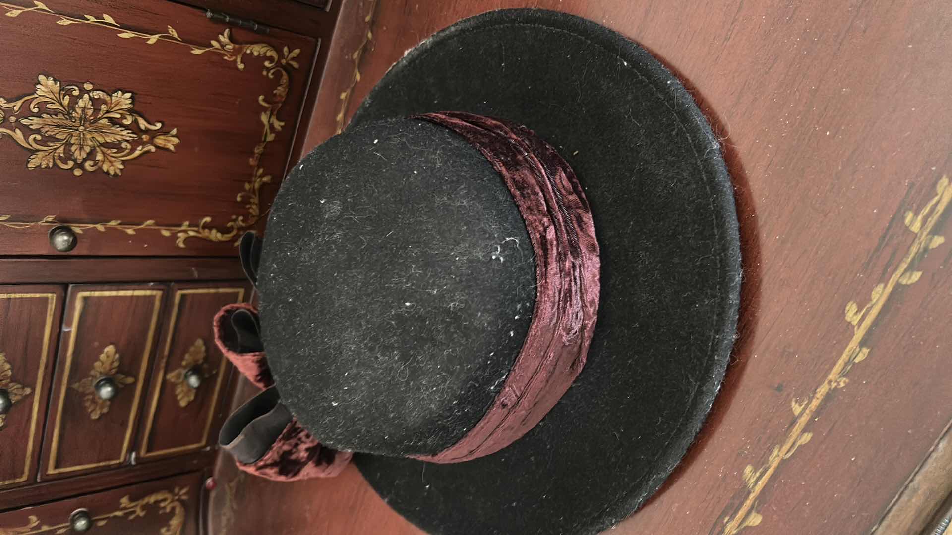 Photo 1 of BLACK FELT HAT W BURGUNDY VELVET RIBBON AND BOW