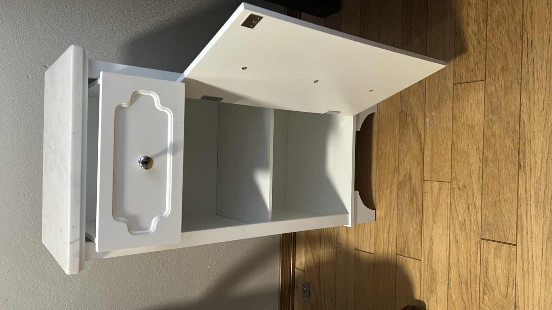 Photo 1 of WHITE WOOD SIDE BOARD W STONE TOP & DOOR 15"X 12" H 32"