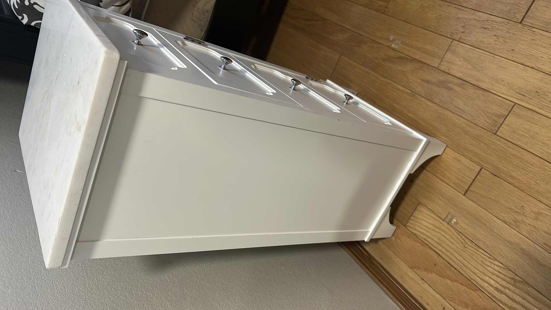 Photo 1 of WHITE WOOD SIDE BOARD W STONE TOP & DOOR 15"X 12" H 32"