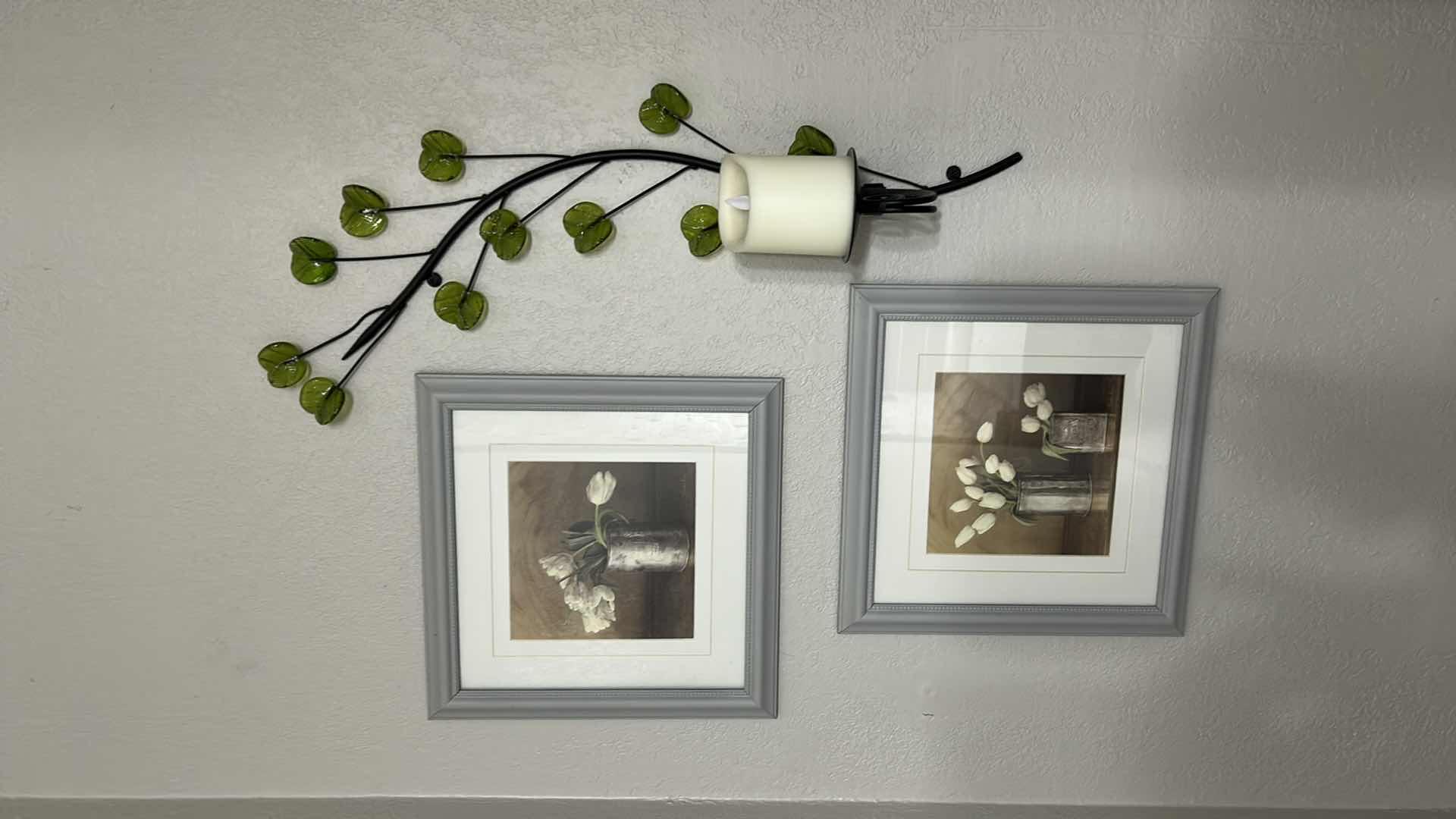 Photo 1 of 2 GRAY FRAMED WALL ART & GREEN LEAF CANDLE HOLDER