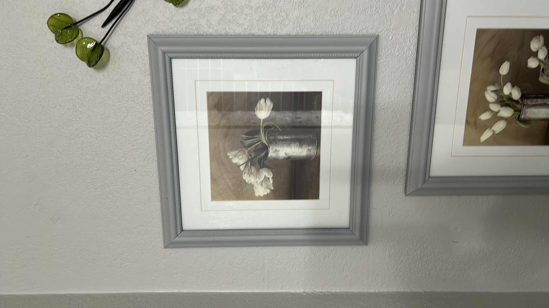 Photo 1 of 2 GRAY FRAMED WALL ART & GREEN LEAF CANDLE HOLDER
