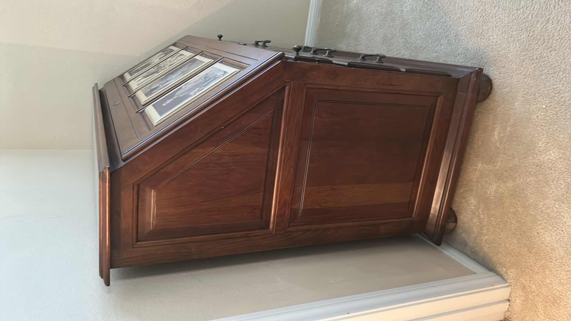 Photo 1 of SOLID CHERRY SECRETARY DESK W NORMAN ROCKWELL " FOUR FREEDOM " PRINTS FROM STANLEY FURNITURE 49" X 31" H 46"