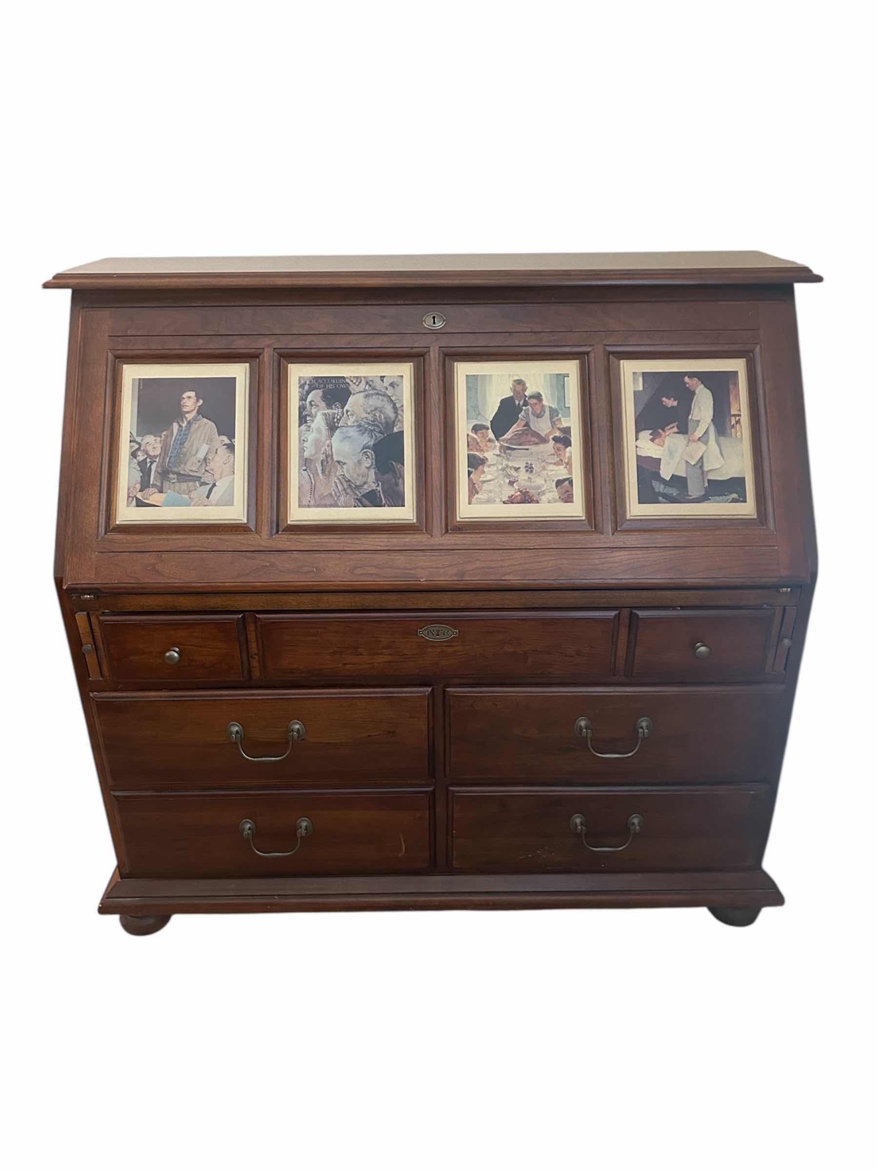 Photo 1 of SOLID CHERRY SECRETARY DESK W NORMAN ROCKWELL " FOUR FREEDOM " PRINTS FROM STANLEY FURNITURE 49" X 31" H 46"