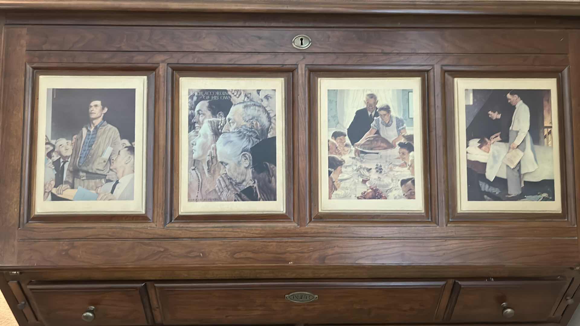Photo 1 of SOLID CHERRY SECRETARY DESK W NORMAN ROCKWELL " FOUR FREEDOM " PRINTS FROM STANLEY FURNITURE 49" X 31" H 46"