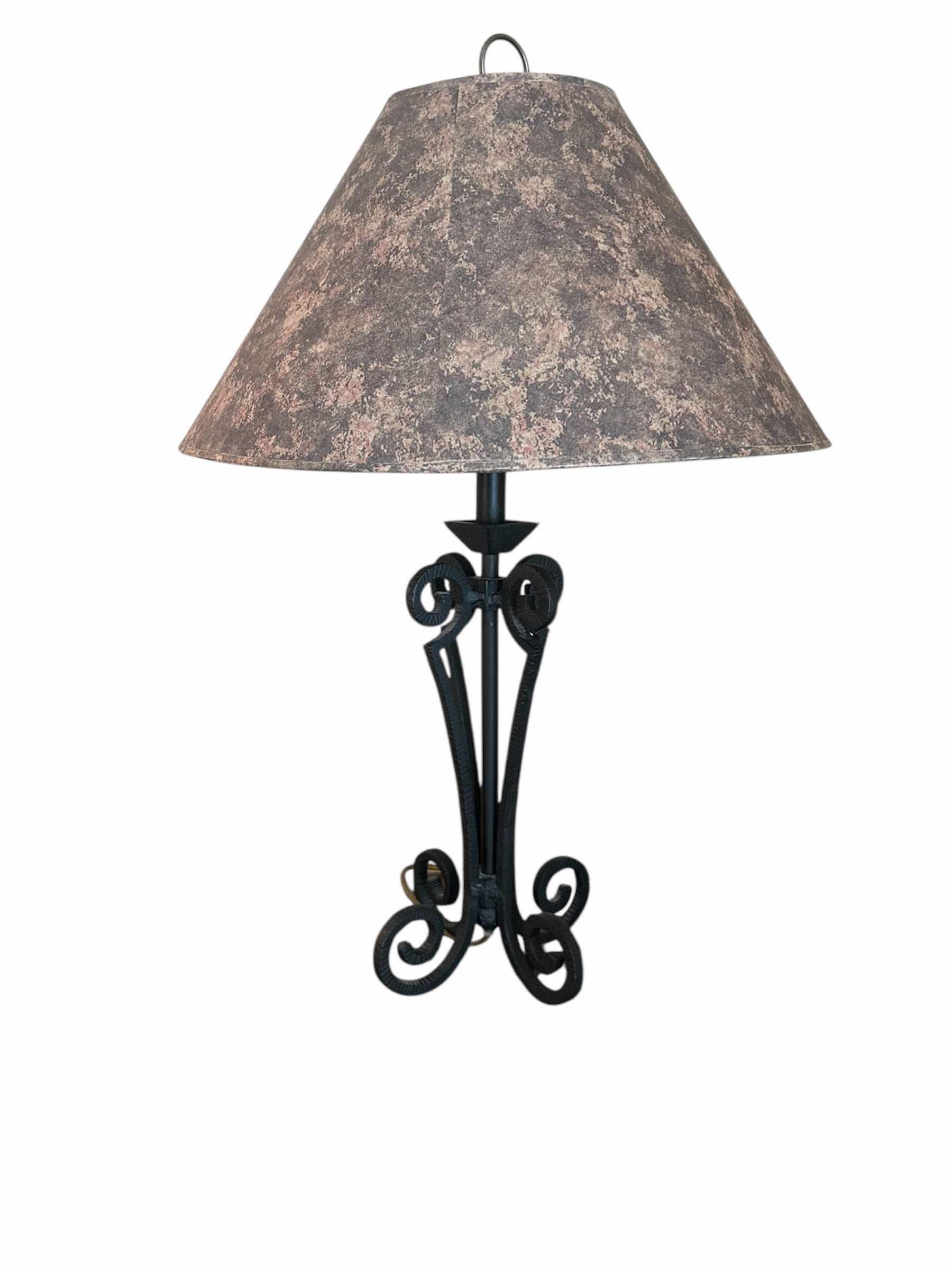Photo 1 of SCROLLED WROUGHT IRON TABLE LAMP W DISTRESSED SHADE H 29"