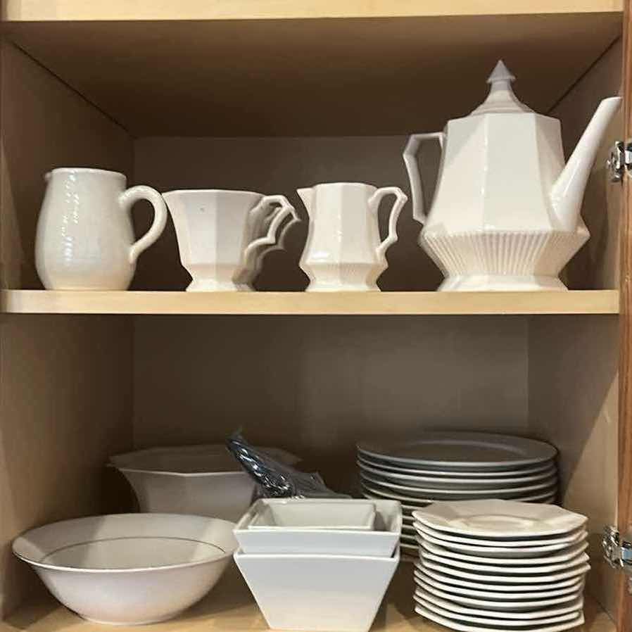 Photo 1 of CONTENTS OF 2 SHELVES WHITE DISHES TEAPOT