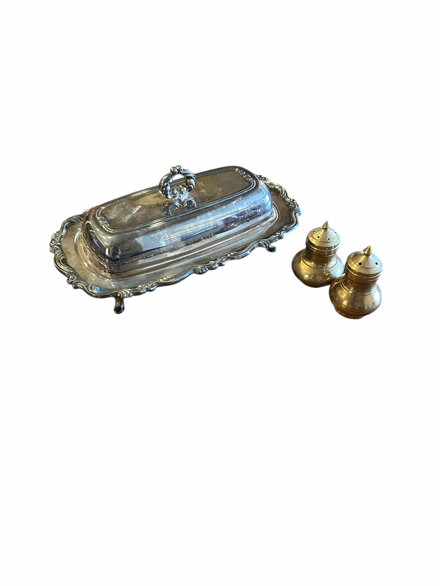 Photo 1 of 2 VINTAGE BRASS SALT PEPPER & SILVER PLATED BUTTER DISH
