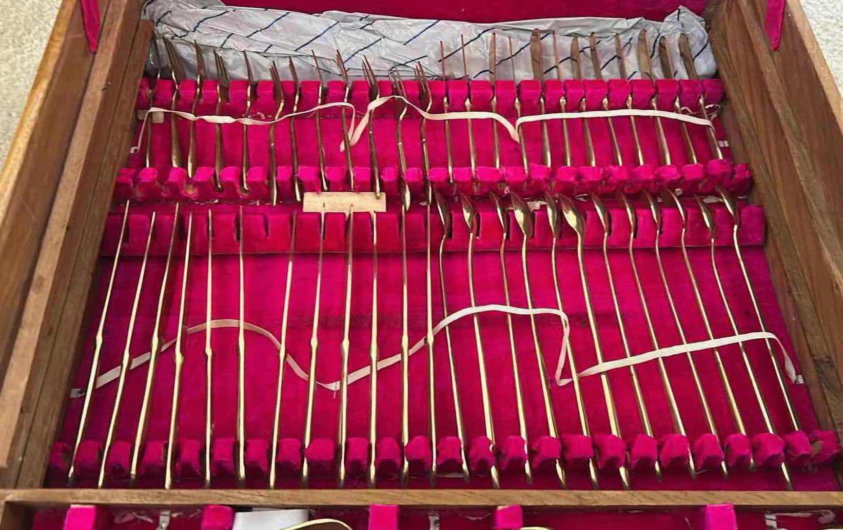 Photo 1 of VINTAGE THAI BRONZE FLATWARE SET BY PRINCESS JEWELRY BANGKOK IN ORIGINAL WOOD BOX