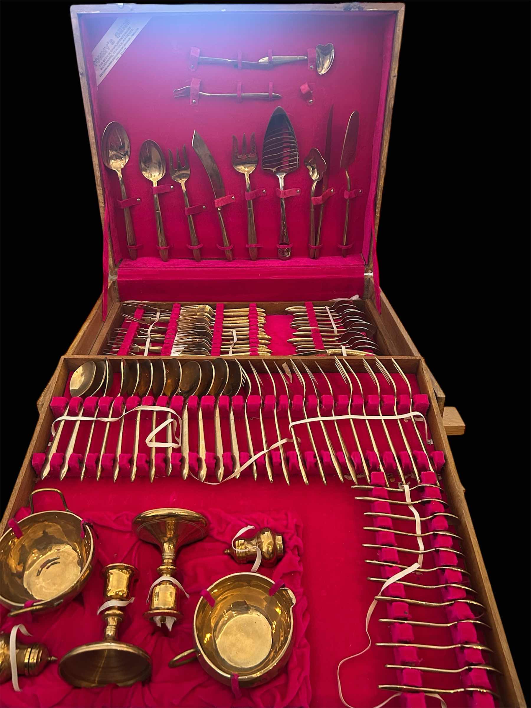 Photo 1 of VINTAGE THAI BRONZE FLATWARE SET BY PRINCESS JEWELRY BANGKOK IN ORIGINAL WOOD BOX
