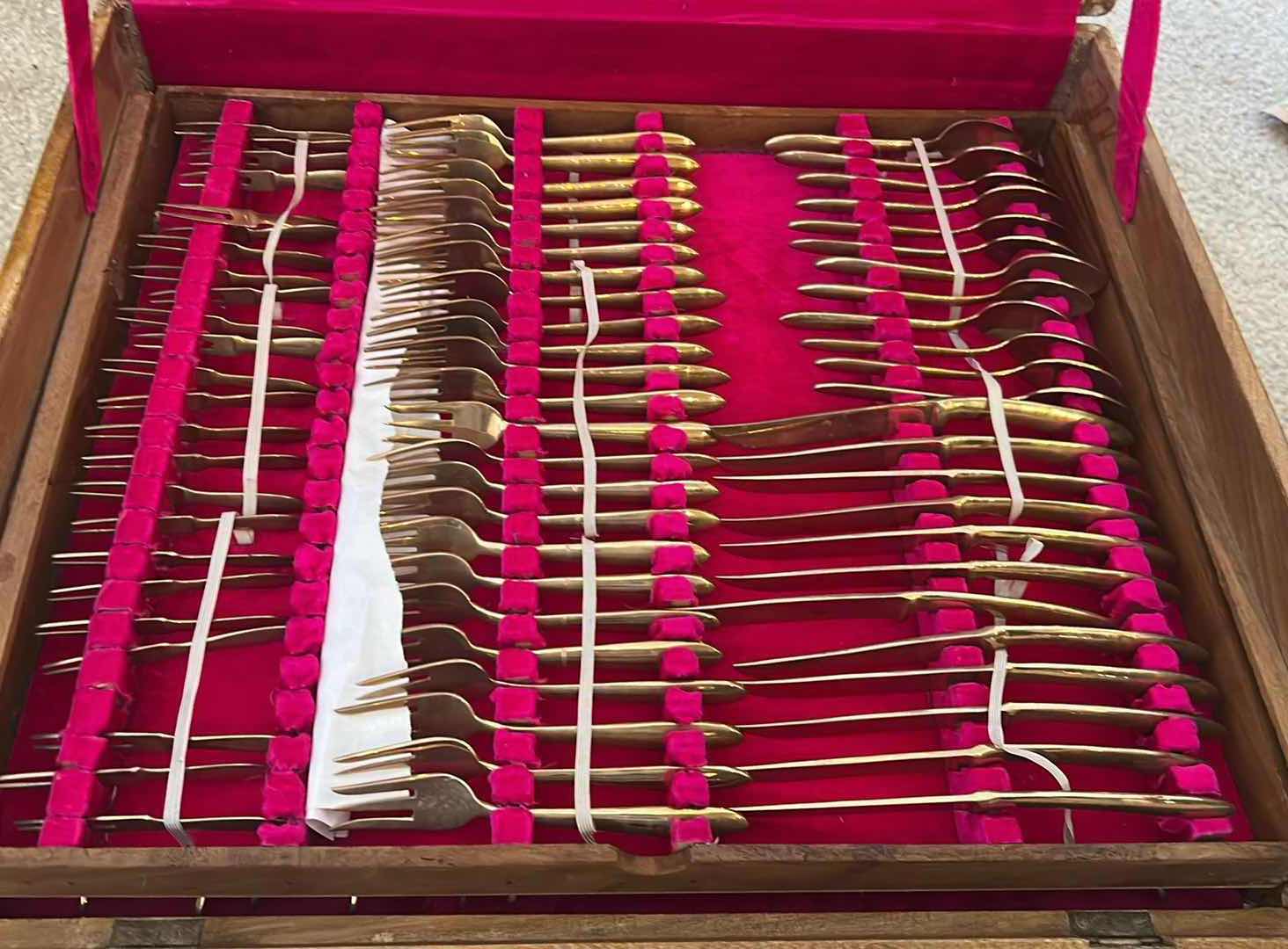 Photo 1 of VINTAGE THAI BRONZE FLATWARE SET BY PRINCESS JEWELRY BANGKOK IN ORIGINAL WOOD BOX