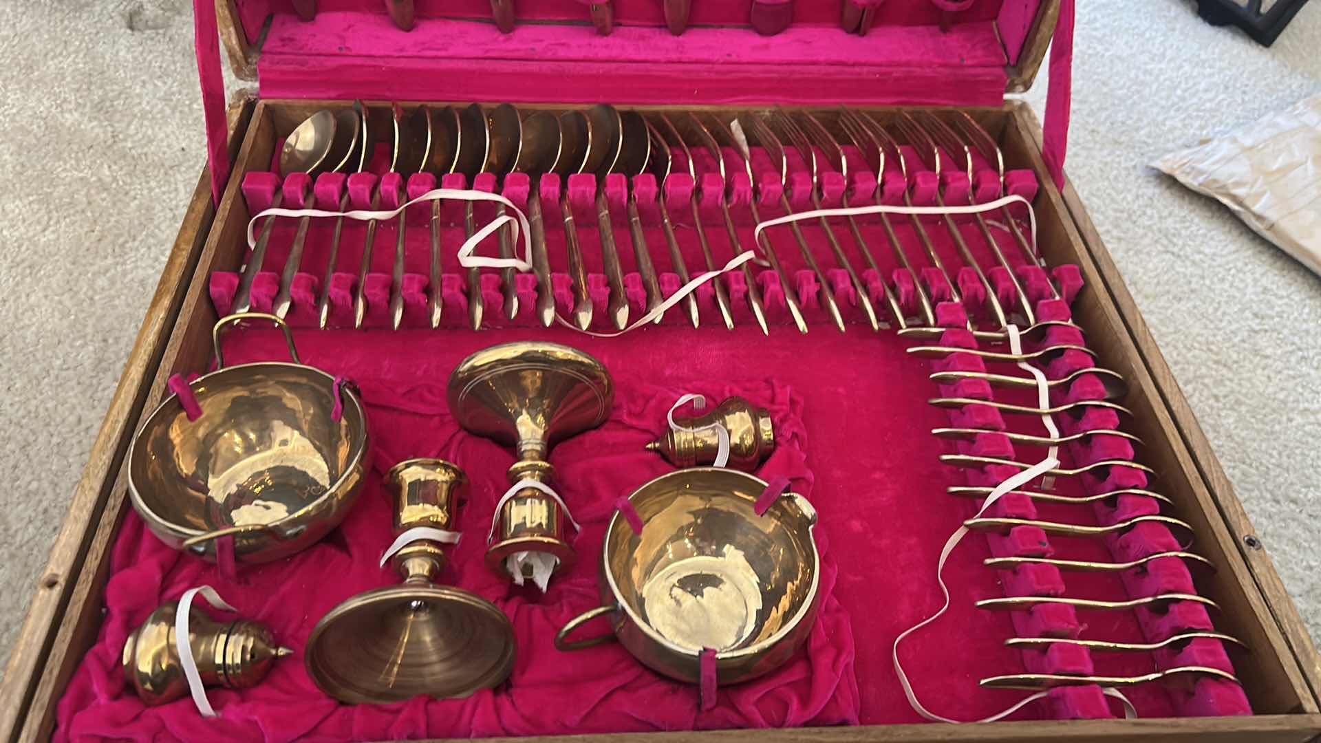 Photo 1 of VINTAGE THAI BRONZE FLATWARE SET BY PRINCESS JEWELRY BANGKOK IN ORIGINAL WOOD BOX