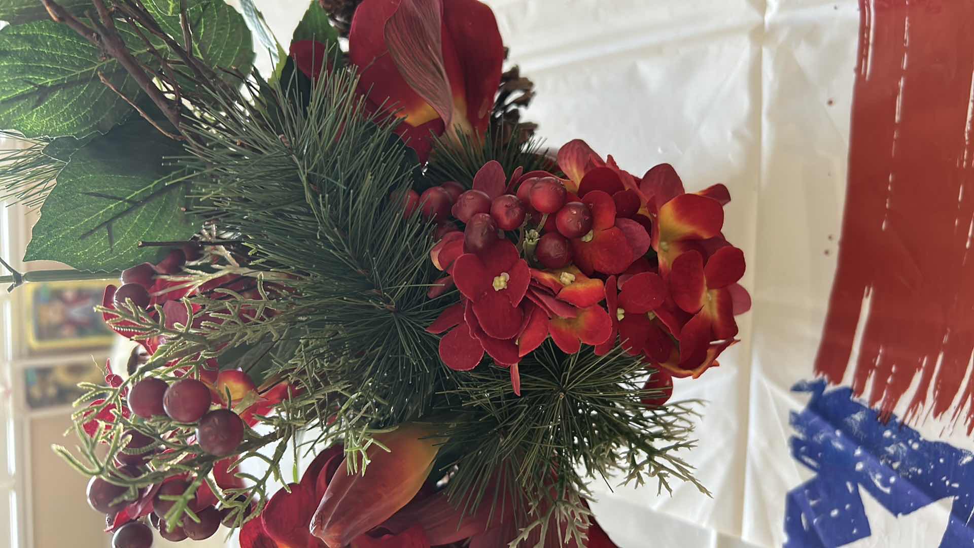 Photo 1 of RED FAUX FLOWERS IN RED VASE H 12"