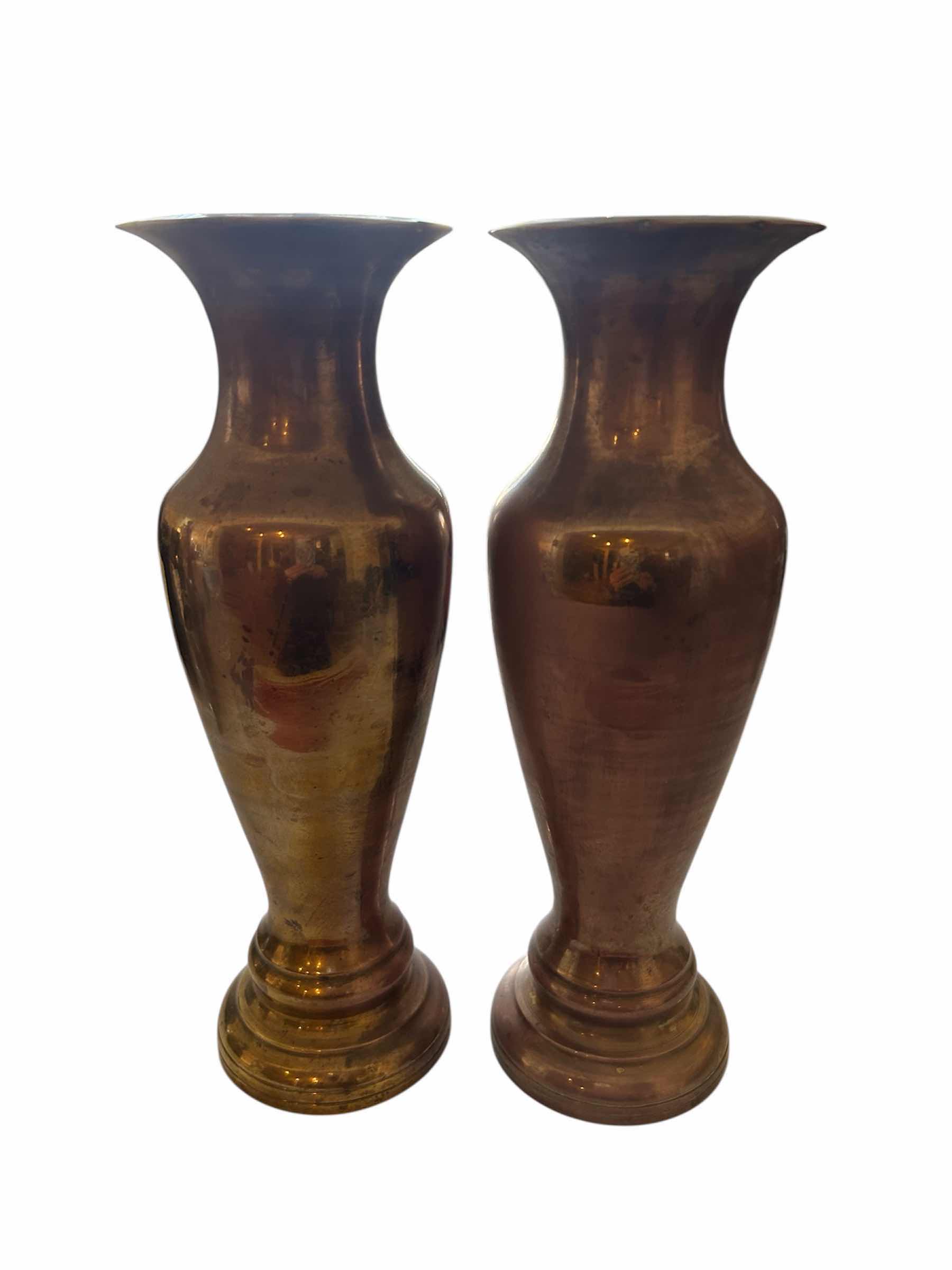 Photo 1 of 2- VINTAGE SOLID BRASS URN VASES H 12"