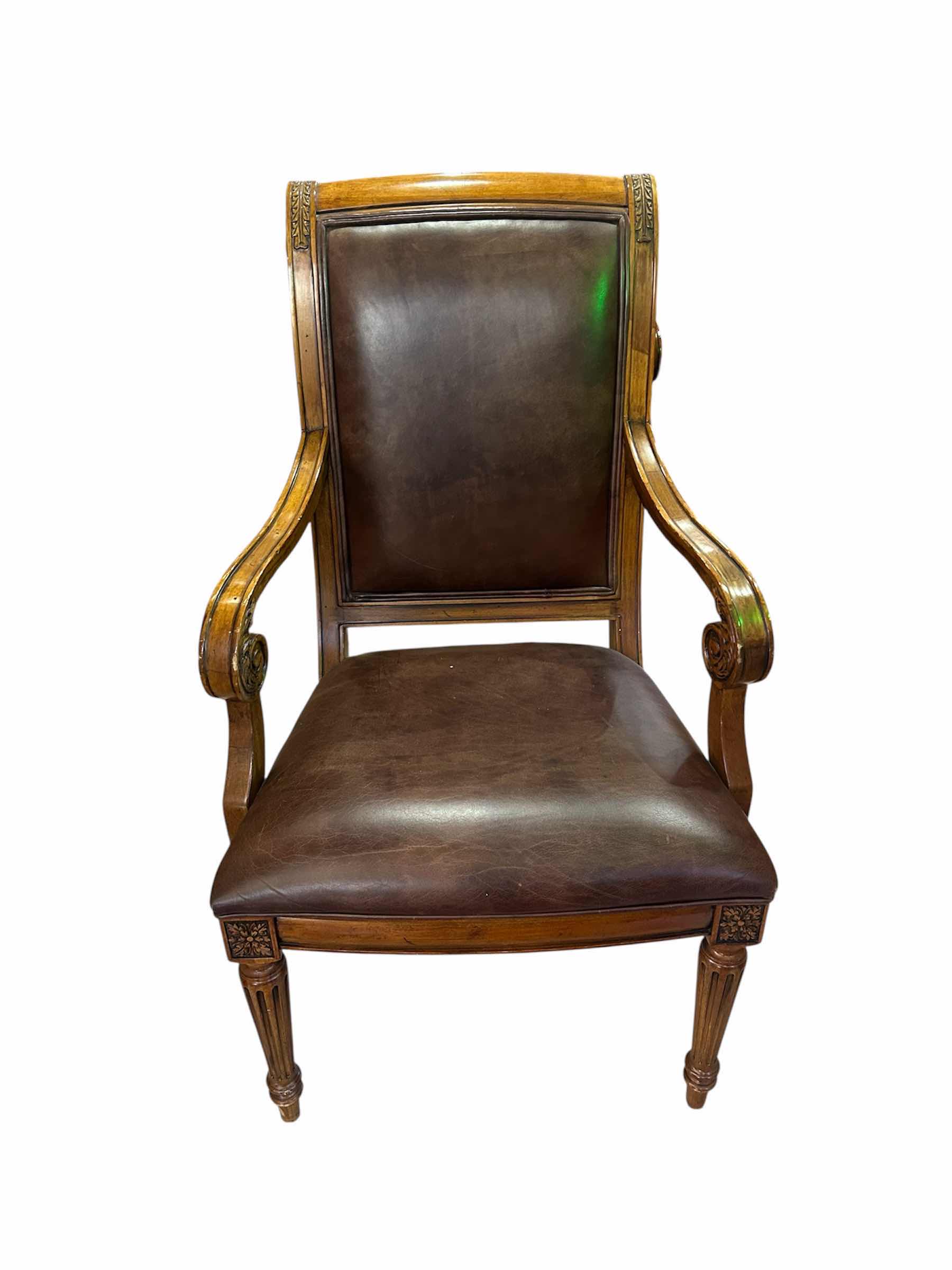 Photo 1 of ETHAN ALLEN LOUIS XVI STYLE MAHOGANY ARM CHAIR W UPHOLSTERED BROWN LEATHER