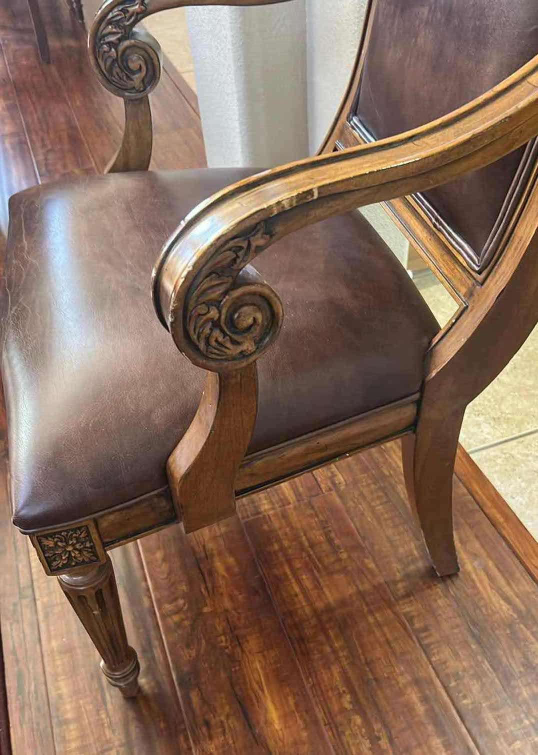 Photo 1 of ETHAN ALLEN LOUIS XVI STYLE MAHOGANY ARM CHAIR W UPHOLSTERED BROWN LEATHER