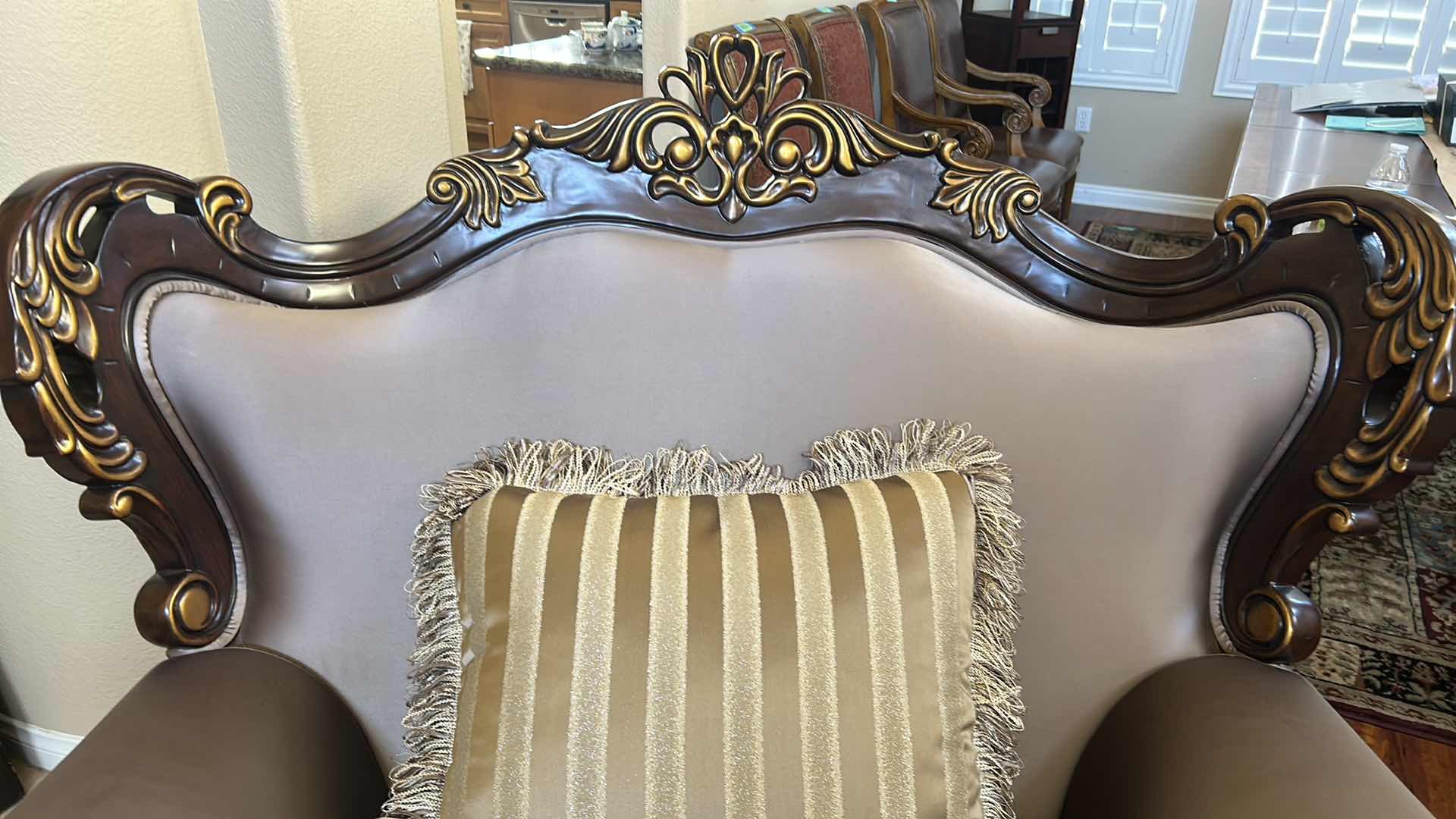 Photo 1 of CLASSIC CONSTANTINE ARM CHAIR ORNATE CARVED WOOD FRAME DARK WALNUT FINISH PAISLEY PATTERNED FABRIC W DECORATIVE PILLOW RETAIL $1700