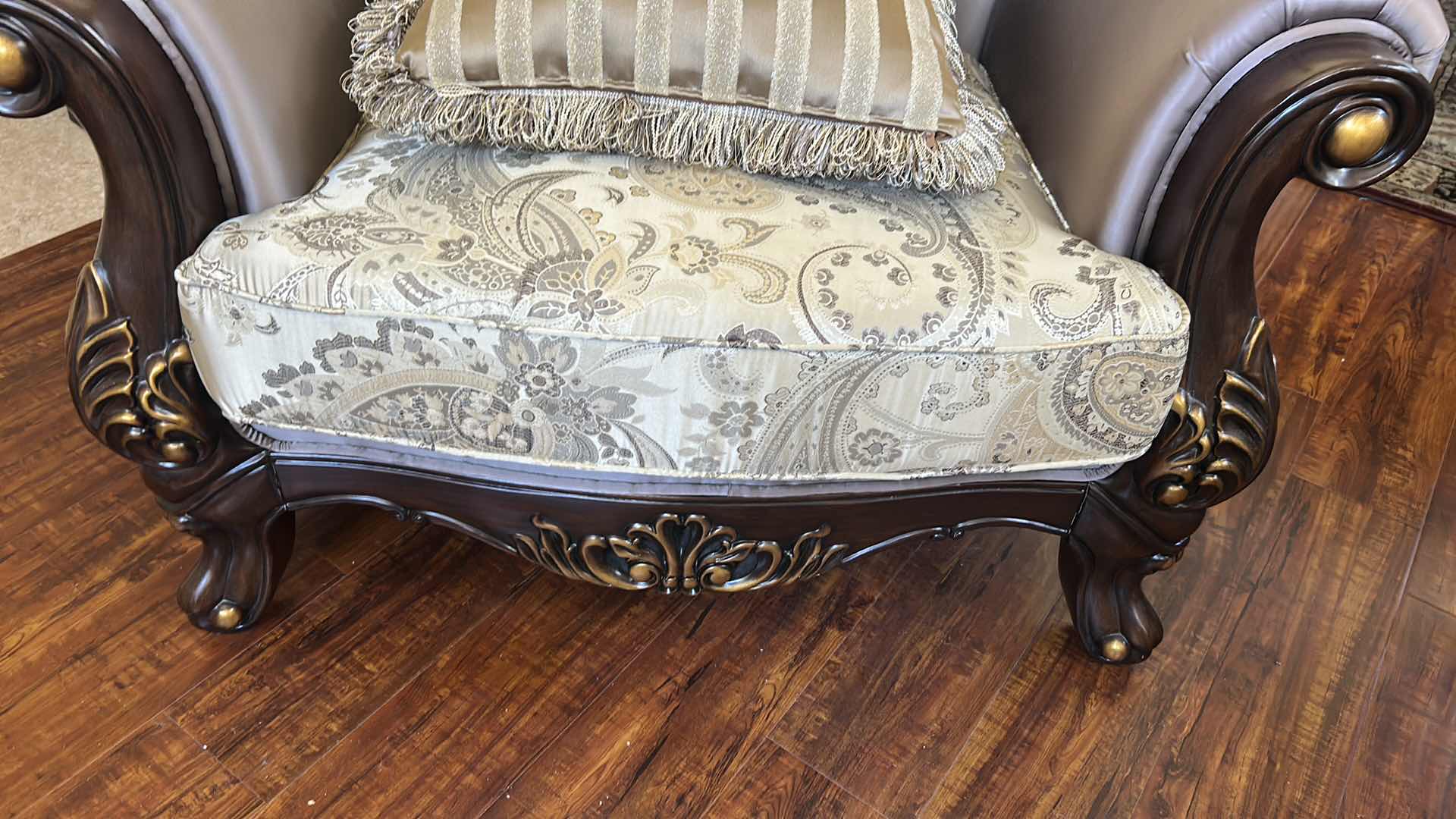 Photo 1 of CLASSIC CONSTANTINE ARM CHAIR ORNATE CARVED WOOD FRAME DARK WALNUT FINISH PAISLEY PATTERNED FABRIC W DECORATIVE PILLOW RETAIL $1700