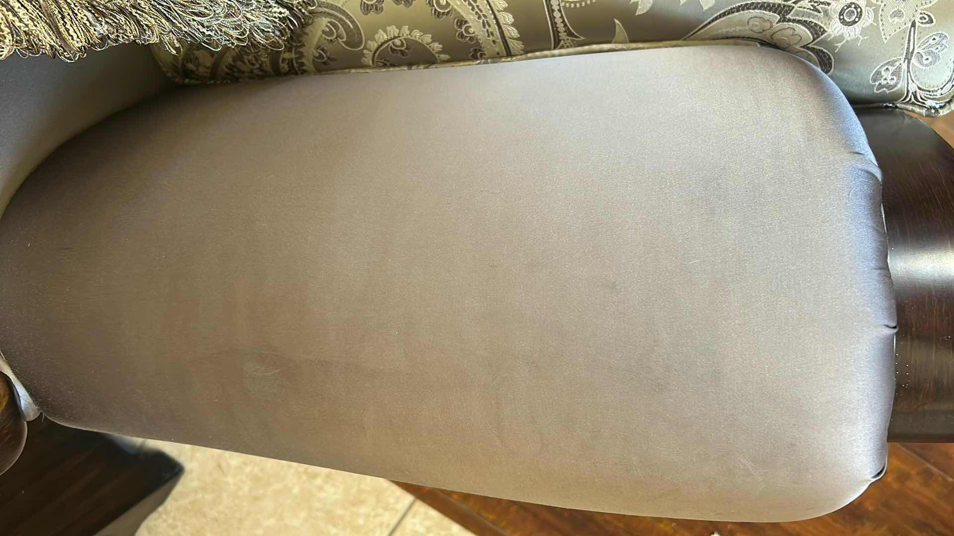 Photo 1 of CLASSIC CONSTANTINE ARM CHAIR ORNATE CARVED WOOD FRAME DARK WALNUT FINISH PAISLEY PATTERNED FABRIC W DECORATIVE PILLOW RETAIL $1700