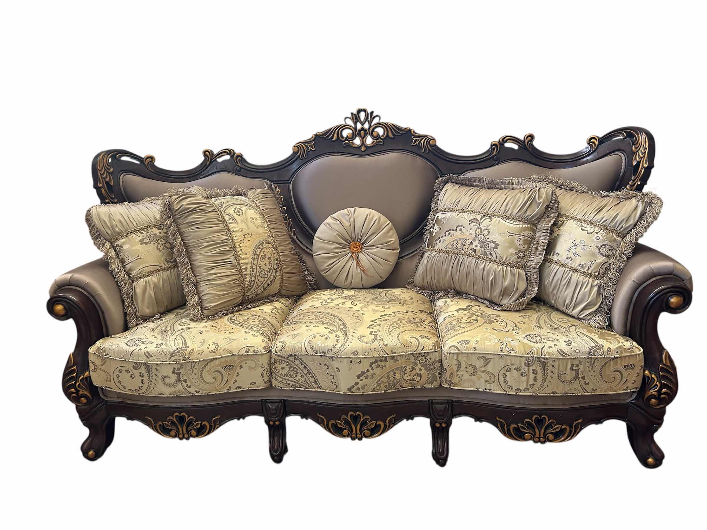 Photo 1 of CLASSIC CONSTANTINE SOFA ORNATE CARVED WOOD FRAME DARK WALNUT FINISH PAISLEY PATTERNED FABRIC W 5 DECORATIVE PILLOWS